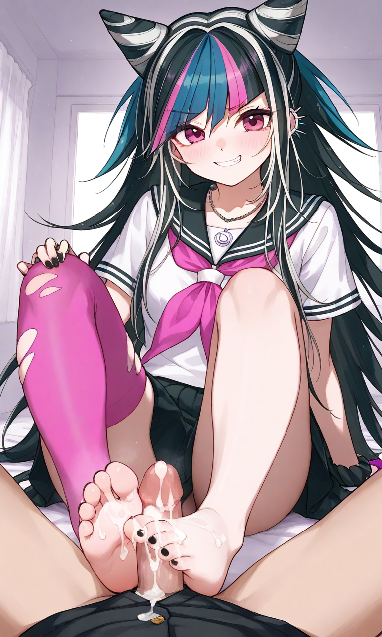 ai_generated cum danganronpa danganronpa_2:_goodbye_despair dominant_female footjob mioda_ibuki