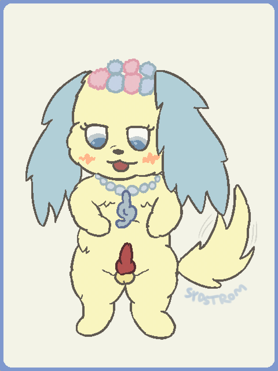 3:4 accessory animal_genitalia animal_penis anthro balls bird_dog blue_ears blush canid canine canine_genitalia canine_penis canis cavalier_king_charles_spaniel digital_drawing_(artwork) digital_media_(artwork) domestic_dog erection eyelashes flat_colors flower flower_crown fluffy fluffy_ears fluffy_tail ftm_crossgender fur gem genitals head_wreath hi_res hunting_dog jewelpet jewelry knot looking_down male mammal necklace nude open_mouth pearl_(gem) pearl_necklace penis plant rule_63 sanrio sapphie_(jewelpet) sega_fave simple_background slightly_chubby slightly_chubby_anthro solo spaniel standing sydstrom tail tail_motion tailwag thick_thighs toy_dog tuft yellow_body yellow_fur