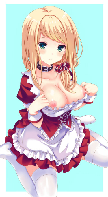 apron bangs blonde_hair breasts breasts_out closed_mouth collar collarbone cross-laced_clothes dress eyebrows_visible_through_hair female frilled_apron frilled_dress frills gatchapowa green_eyes hair_ornament hair_over_shoulder hair_scrunchie hands_up large_breasts long_hair looking_at_viewer maid nipples no_bra original red_dress scrunchie side_ponytail sitting smile solo swept_bangs thighhighs waist_apron wariza white_apron white_legwear wrist_cuffs