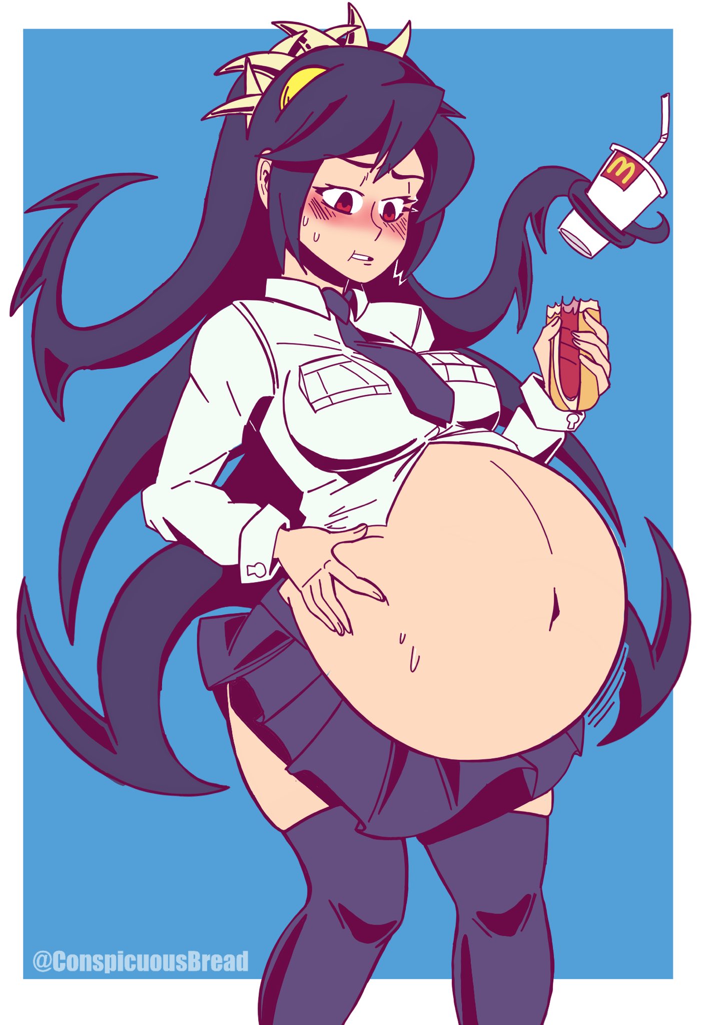 belly blush chubby conspicuousbread eating fat fat_ass feederism filia_(skullgirls) huge_belly skullgirls stuffing weight_gain