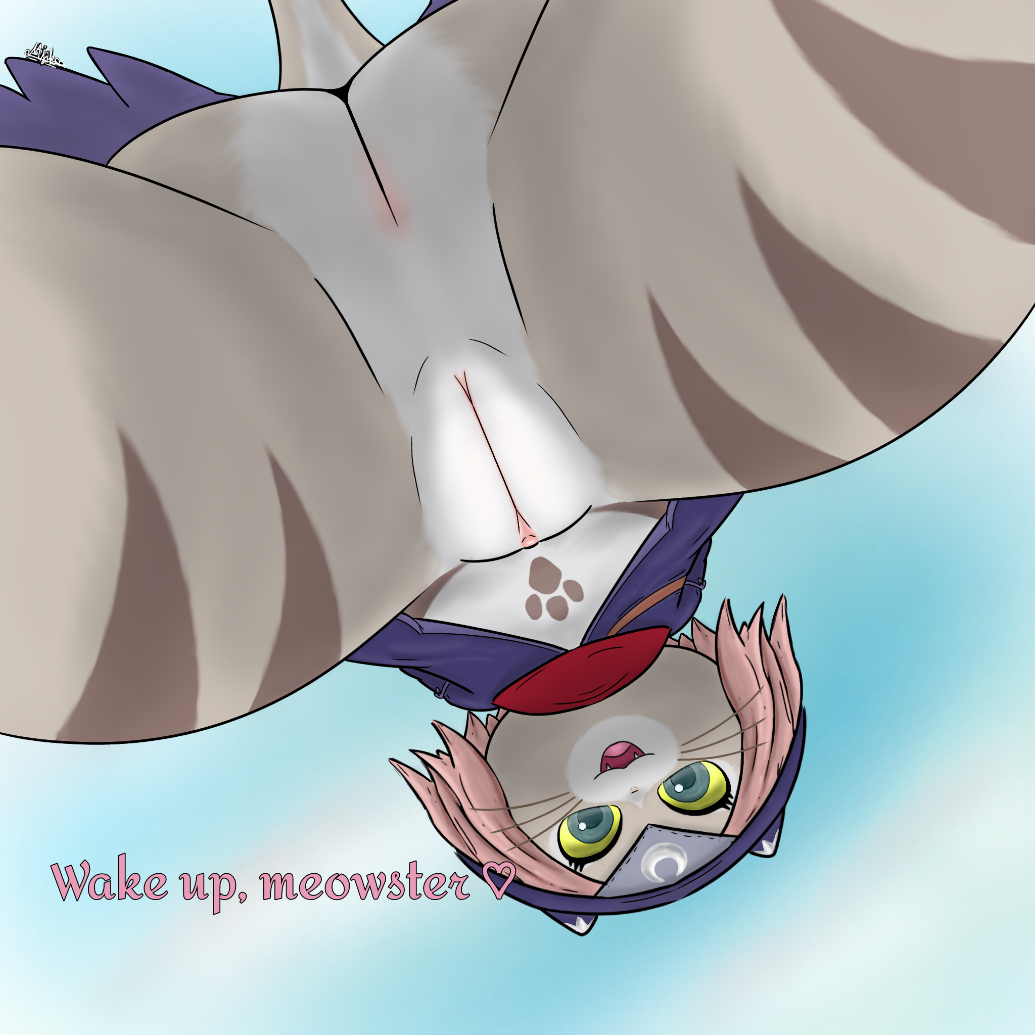 2025, anthro, ass, capcom, cloak, clothing, felid, feline, felyne, female, from below, fur, genitals, hair, headgear, headwear, hi res, looking at viewer, low-angle view, lynian, majika, mammal, monster hunter, monster hunter stories, monster hunter stories 2: wings of ruin, multicolored body, multicolored fur, palico, pink hair, pussy, solo, solo focus, tail, talking to viewer, tsukino (monster hunter stories), viewed from below, vulva, yellow sclera