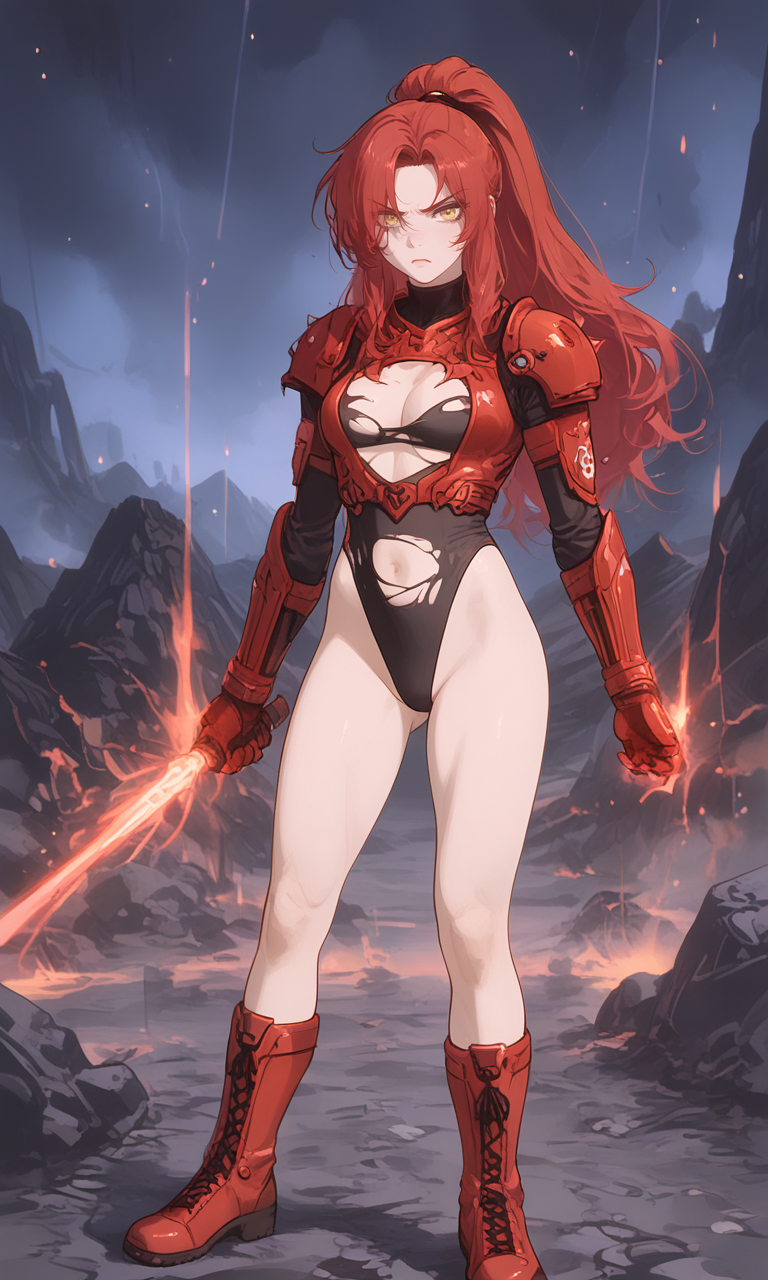 ai_generated battle_damage black_leotard crimson_hair female fighter fighting_stance gloves golden_eyes hair_over_one_eye laser_sword legs leotard martial_artist original_character ponytail red_hair ripped_clothing sword torn_clothes yellow_eyes