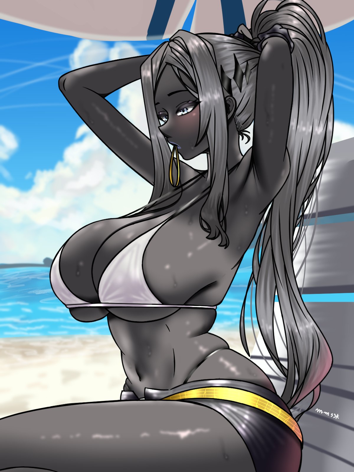 aria (nikke), breasts, female, goddess of victory: nikke, grey skin, large breasts, lips, mommymilkers3k, swimsuit