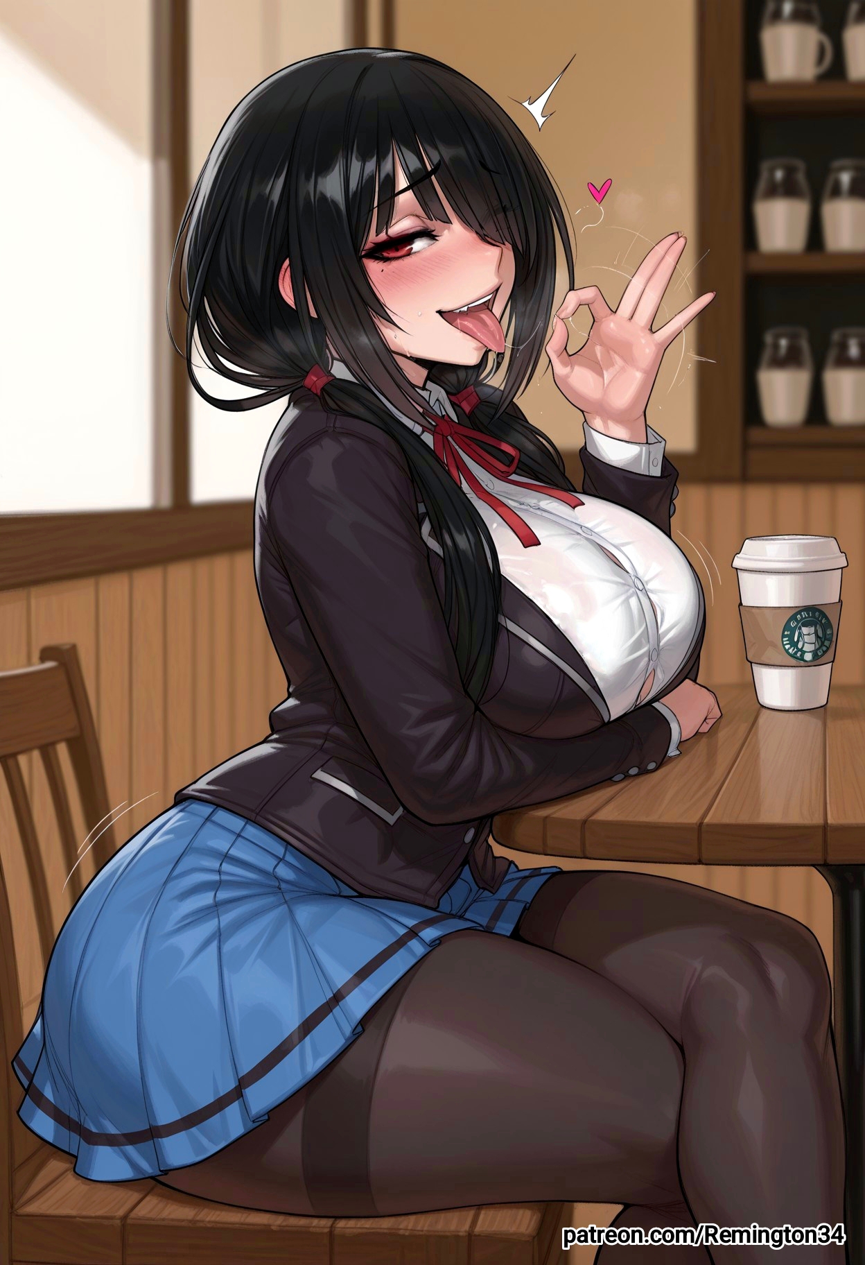 1girls, ai generated, black blazer, black hair, black pantyhose, blue skirt, blush, bra visible through clothes, cafe, coffee cup, curvaceous female, curvy, curvy body, date a live, dress shirt, fellatio gesture, female, female focus, flirting, flirting with viewer, heart, hips, huge breasts, inviting to sex, large breasts, legs, legs crossed, looking at the viewer, low twintails, milf, motion blur, motion lines, open mouth, pleated skirt, presenting, red eye, remington34, saliva, school uniform, schoolgirl, seductive look, sexy pose, side view, side view pose, sitting, smile, solo, table, thicc thighs, thighhighs, tokisaki kurumi, tongue out, white dress shirt, wide hips