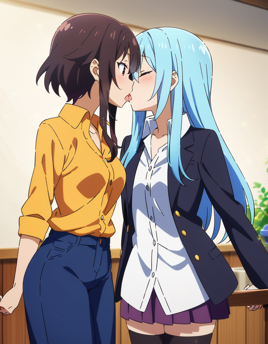 2girls ai_generated aqua_(konosuba) black_stockings blue_hair brown_hair closed_eyes clothed female female_only kissing kissing kono_subarashii_sekai_ni_shukufuku_wo! lesbian_kiss long_hair megumin morindar open_eyes shirt small_breasts stockings tongue tongue_out yuri yuri