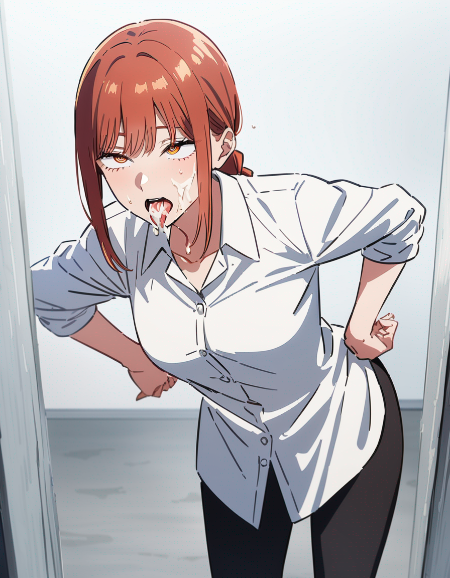 1girls ahe_gao ahe_gao ai_generated black_stockings chainsaw_man clothed cum cum_in_mouth cum_on_face cum_on_tongue drooling drooling_tongue female female_only legwear makima_(chainsaw_man) morindar open_eyes open_mouth red_hair shirt spitting stockings tongue tongue_out white_shirt yellow_eyes