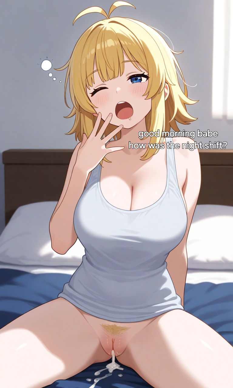 after_vaginal ahoge ai_generated bed bedroom blonde_female blonde_hair blonde_pubic_hair blue_eyes cheating_girlfriend cuckold cum_in_pussy cum_leaking_out_of_pussy double_ahoge fair_skin first_creampie innie_pussy large_breasts lonelylady medium_hair no_panties on_bed original pubic_hair tank_top waking_up white_tank_top yawn yawning