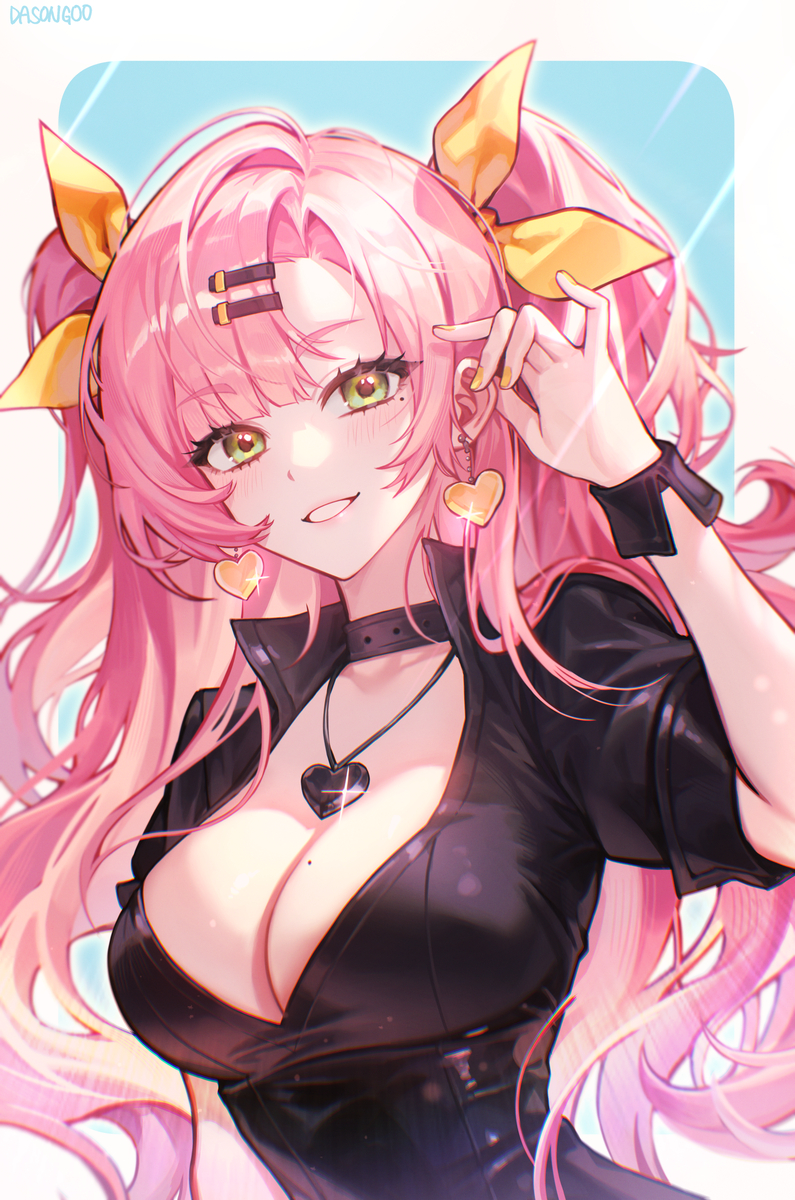 1girls background black_topwear casual_clothes dasong earings green_eyes large_breasts looking_at_viewer necklace nicole_demara pink_hair smile solo zenless_zone_zero