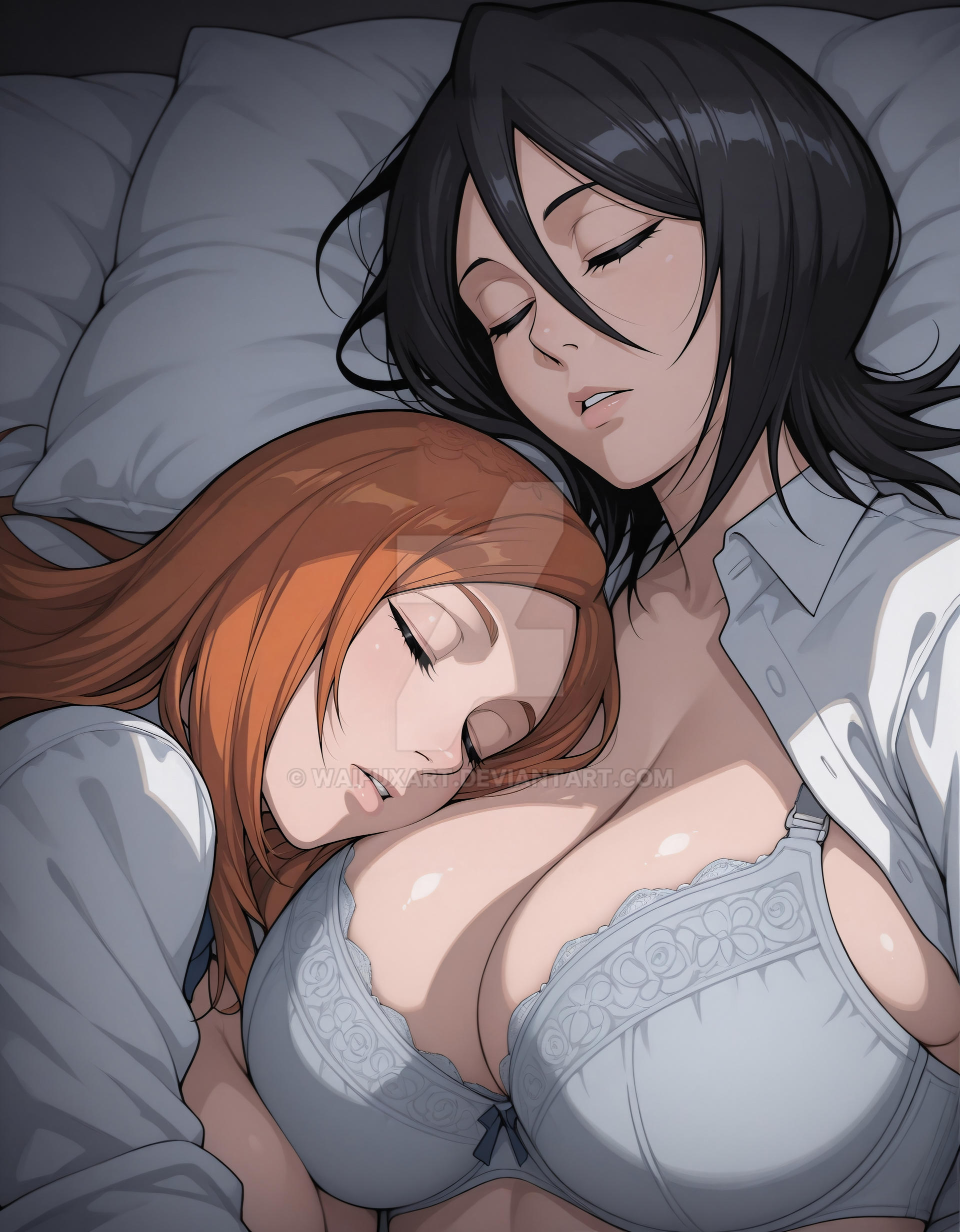 2girls, ai generated, alternate breast size, big breasts, black hair, bleach, bra, breasts, cleavage, female, female only, inoue orihime, kuchiki rukia, long hair, orange hair, short hair, sleeping, underwear, waifuxart, yuri