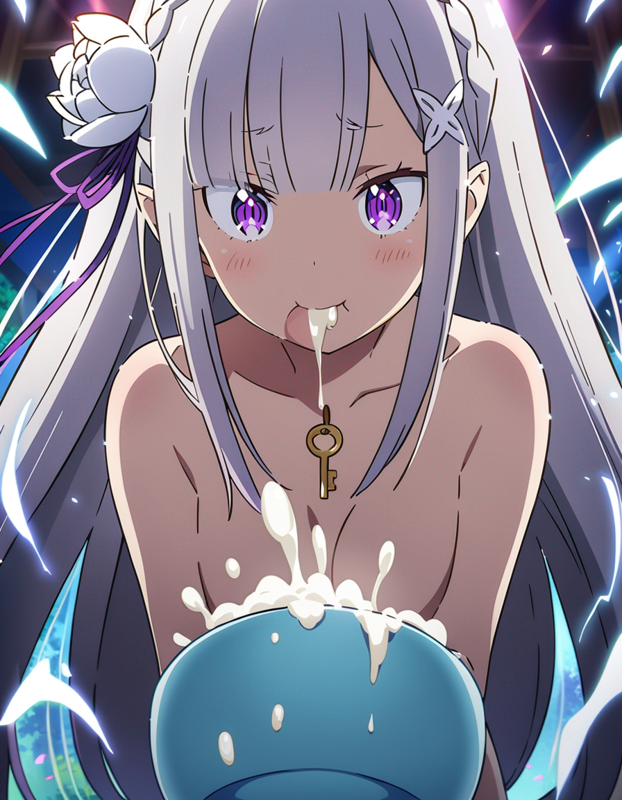 1girls ai_generated blush bowl cum cum_drinking cum_drip cum_in_bowl cum_in_mouth cute cute_face drooling eating eating_cum elf elf_ears elf_female emilia_(re:zero) female female_only morindar naked naked_female nude nude_female purple_eyes re:zero_kara_hajimeru_isekai_seikatsu silver_hair swallowing swallowing_cum