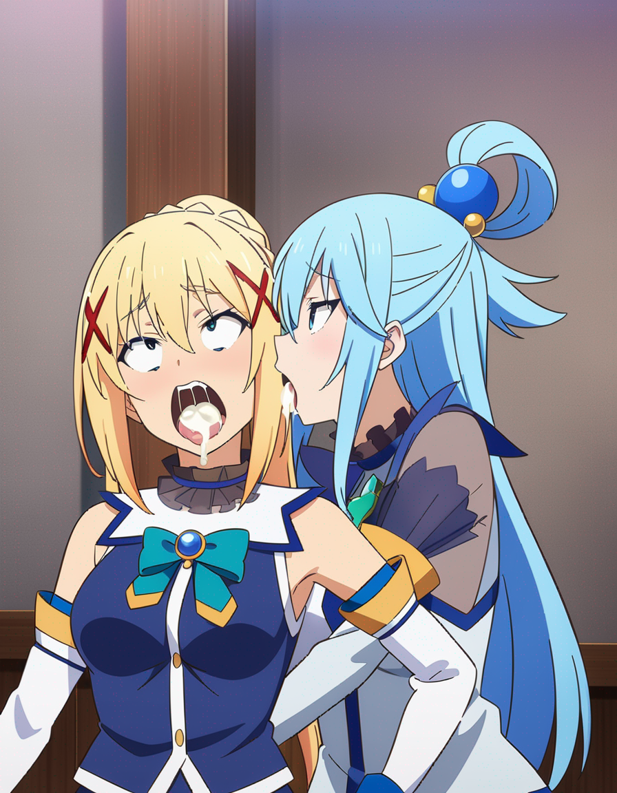 2girls ahe_gao ahe_gao ai_generated aqua_(konosuba) aqua_eyes aqua_hair blonde_hair blue_eyes blue_hair breasts clothed cum cum_in_mouth cum_on_tongue darkness_(konosuba) drooling drooling_tongue female female_only kono_subarashii_sekai_ni_shukufuku_wo! lesbian_sex morindar open_eyes open_mouth tongue tongue_out yuri yuri