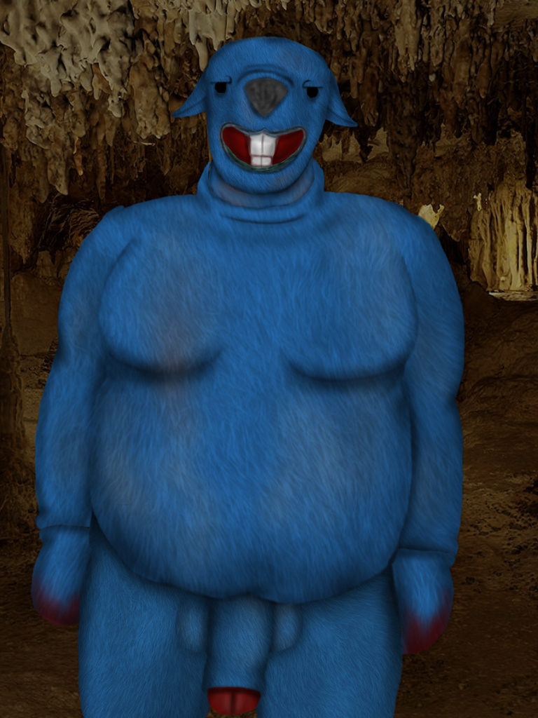 ambiguous_species black_lips black_nose blue_body blue_fur buckteeth caitsquartrs cave filthy jawhne_dough mascot_costume moobs overweight pov prey_eyes shipwrecked_64 thick_penis thick_thighs