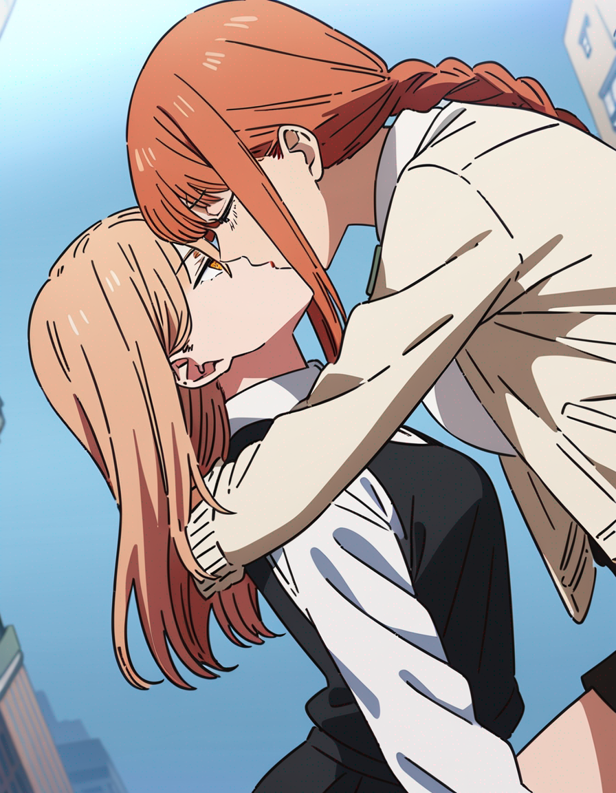 2girls ai_generated chainsaw_man closed_eyes clothed female female_only kissing kissing lesbian_kiss makima_(chainsaw_man) morindar open_eyes power_(chainsaw_man) red_hair shirt white_shirt yuri yuri