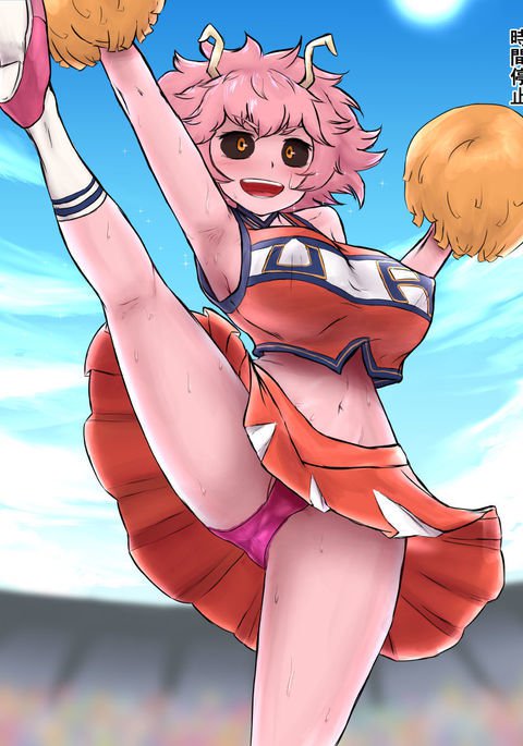 1girls, antennae, black sclera, breasts, busty, cheerleader, clothed, erect nipples, female, leg lift, midriff, mina ashido, my hero academia, nipples, panties, pink hair, pink skin, pink-haired female, pom poms, skirt, sweat, u.a. cheerleader outfit, upskirt