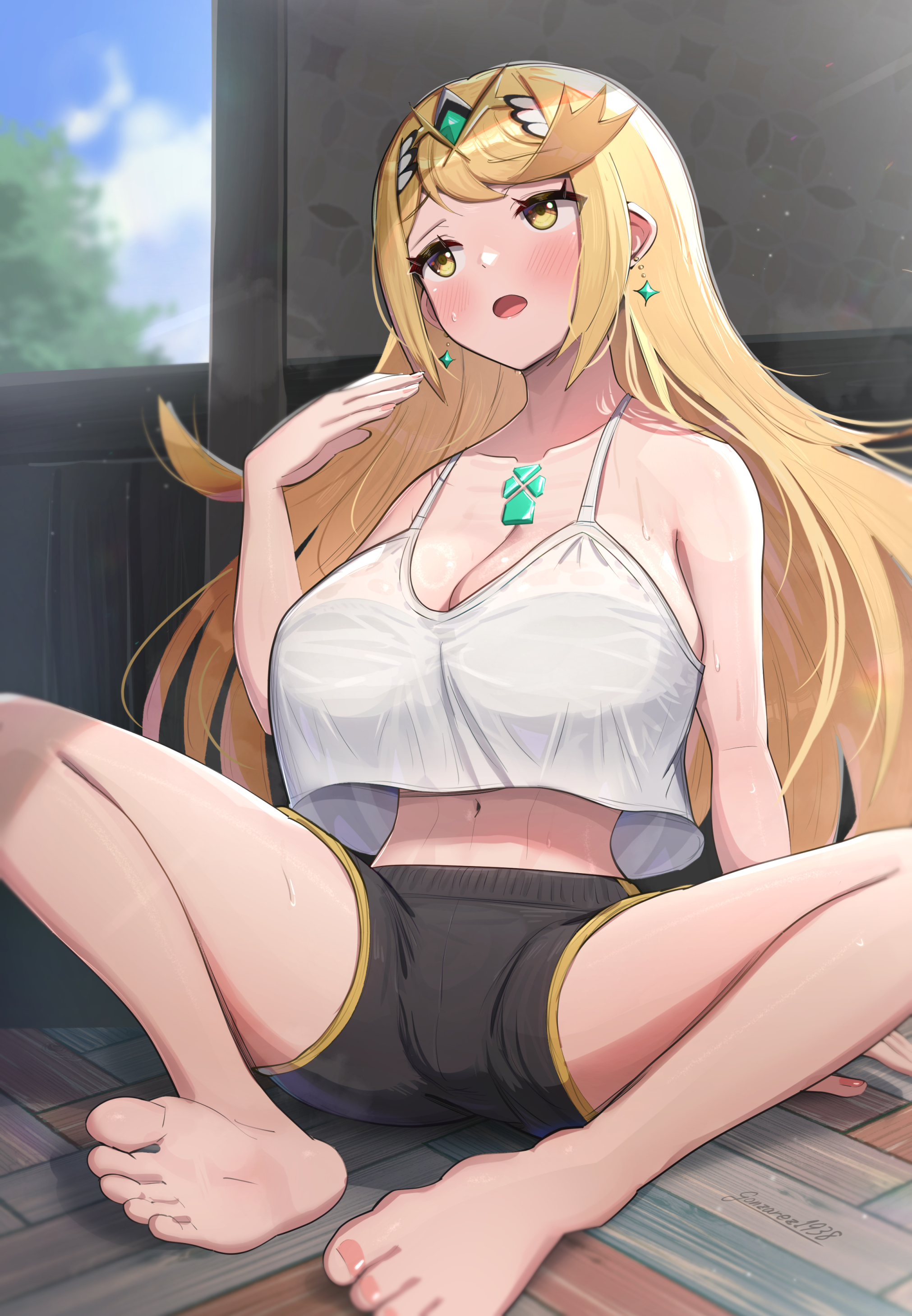 absurdres, alternate costume, barefoot, blonde hair, breasts, female, gonzarez, highres, large breasts, mythra, shorts, sitting, solo, xenoblade (series), xenoblade chronicles 2, yellow eyes