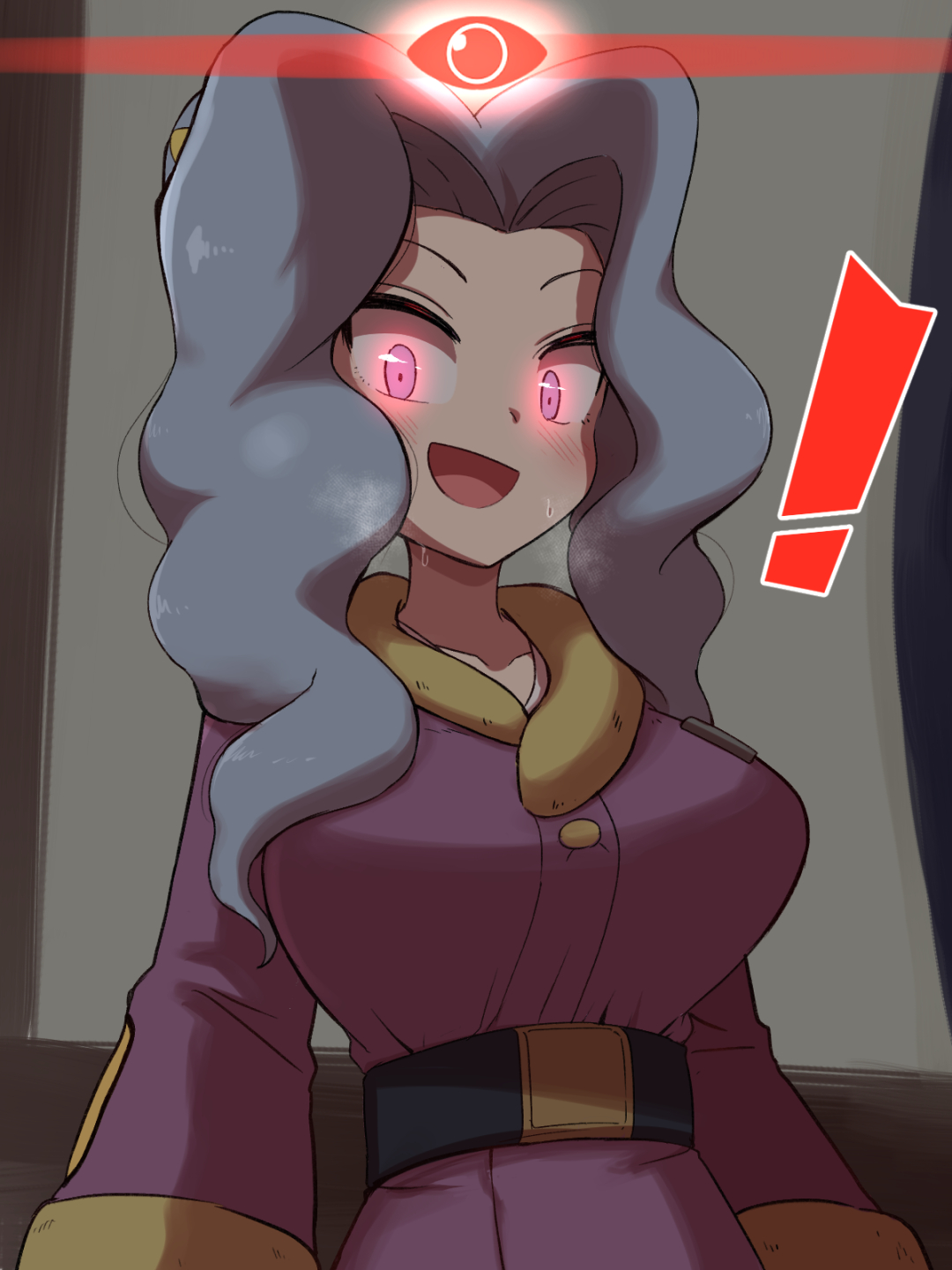 !, 1girls, alpha pokegirl, alpha pokemon, belt, blue hair, blush, breasts, female, female focus, glowing, glowing eyes, highres, kurachi mizuki, large breasts, looking at viewer, medium hair, nintendo, pokemon, pokemon legends: arceus, sanqua (pokemon), solo, solo female, solo focus, sweat, upper body