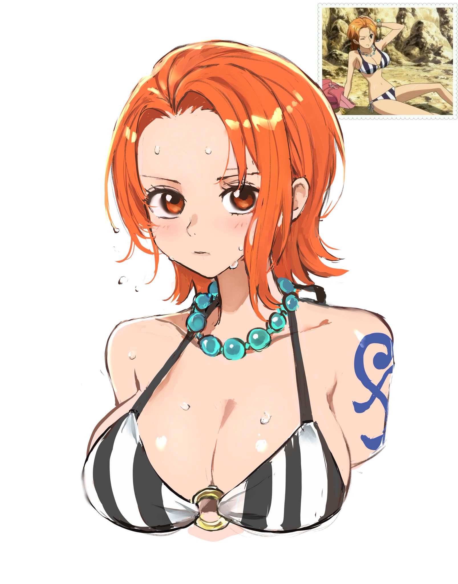 1girls, arm tattoo, bare chest, bare shoulders, big breasts, bikini, bikini only, bikini top, black bikini, black bikini top, black string bikini, black swimsuit, black swimwear, breasts, busty, busty female, busty teenager, cleavage, clothing, collarbone, exposed arms, exposed chest, exposed shoulders, exposed skin, female, female focus, female only, halterneck, high resolution, highres, kasumi6, large breasts, lips, looking at viewer, nami (one piece), one piece, one piece film strong world, orange eyebrows, orange eyes, orange hair, orange-eyed female, orange-haired female, parted bangs, plump breasts, pre-timeskip, short hair, shoulders, soaked, solo, string bikini, striped bikini, striped bikini top, striped string bikini, striped swimsuit, striped swimwear, swimsuit, swimwear, tattoo, tattoo on arm, tattooed arm, upper body, wet, wet bikini, wet body, wet breasts, wet hair, wet skin