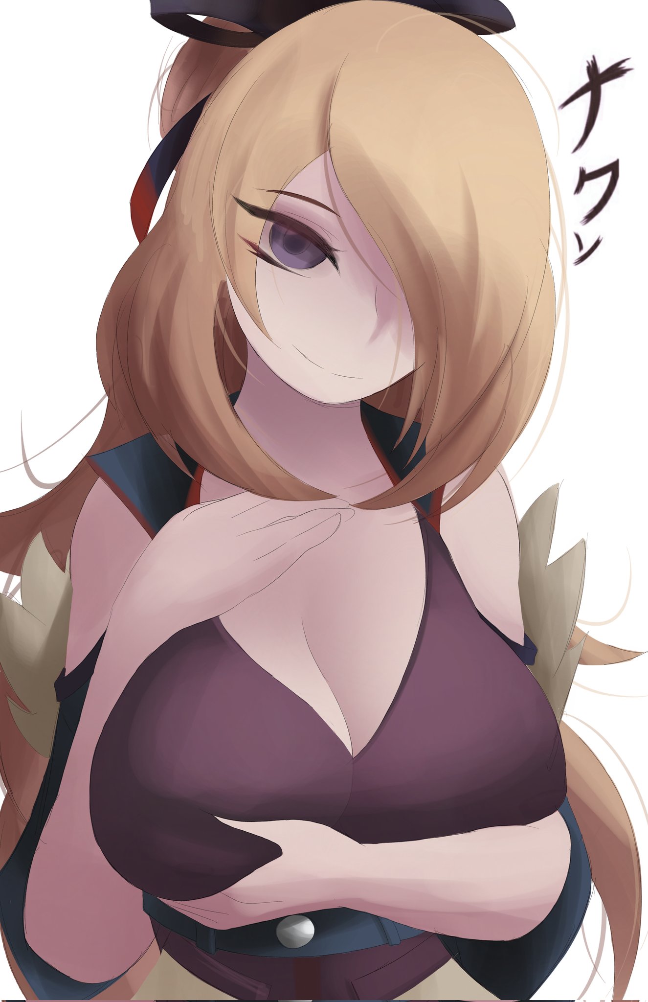 1girls blonde_hair breast_grab breasts cleavage cynthia_(pokemon) female game_freak grabbing grabbing_breasts grabbing_own_breast hair hair_covering_eye large_breasts long_hair looking_at_viewer naxless nintendo pokemon pokemon_dppt pokemon_masters pokemon_masters_ex simple_background solo solo_female solo_focus translation_request white_background