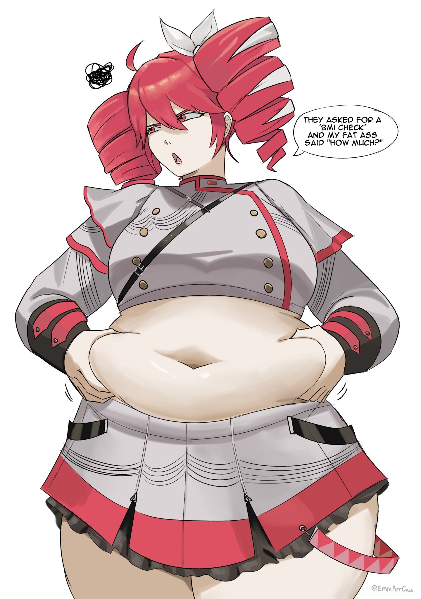 1girls, bbw, belly, belly button, belly grab, clothing, dialogue, emmarrgus, english text, fat, female, female only, fully clothed, kasane teto, kasane teto (sv), looking away, overweight, overweight female, speech bubble, synthesizer v, text, thick thighs, thighs, weight gain