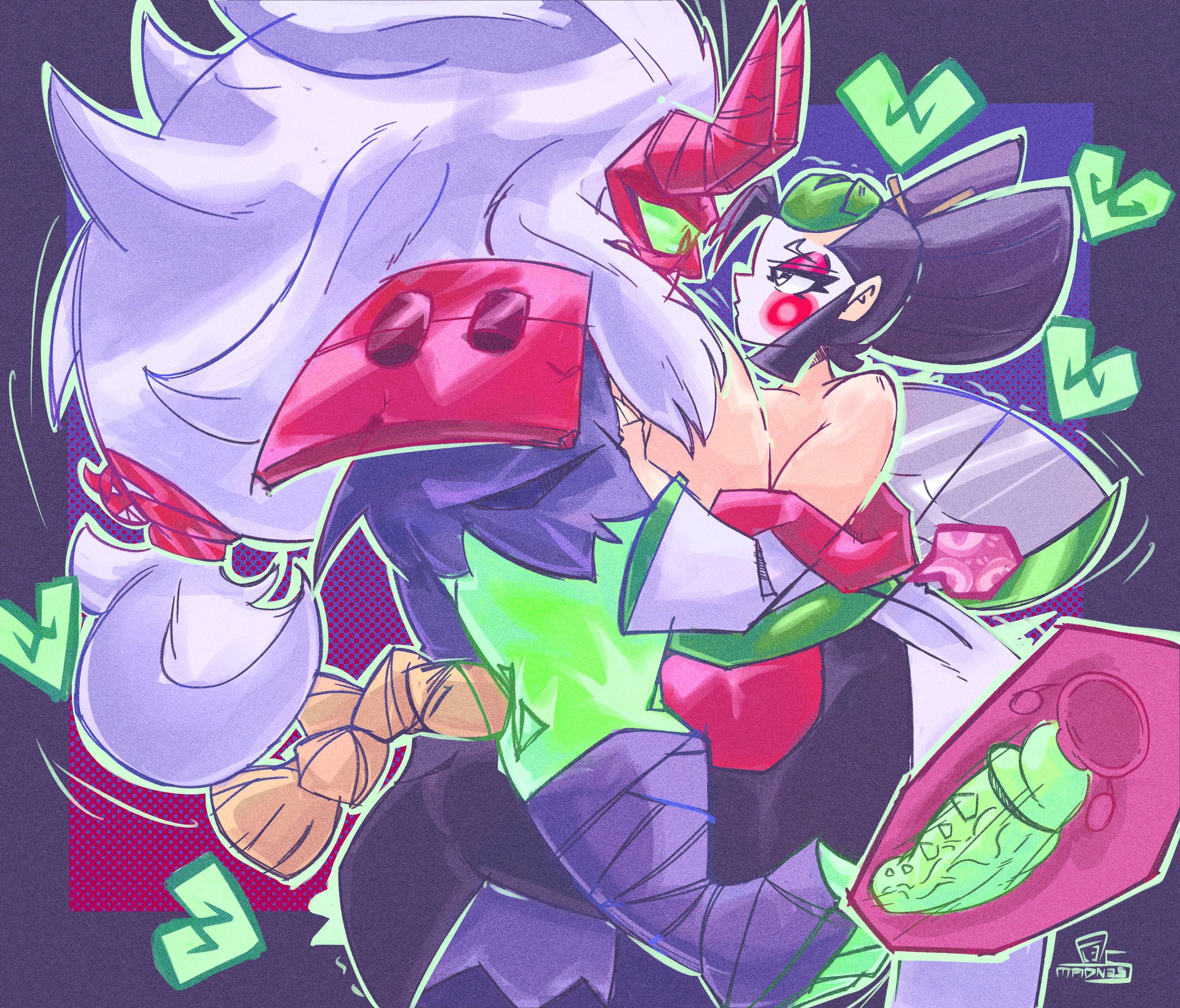 1boy, 1girls, alesmadness1, ass, brawl stars, breasts, female, fully clothed, geisha, gigantic breasts, grabbing, grabbing ass, green body, green eyes, green skin, huge ass, huge breasts, huge cock, kaze (brawl stars), kenji (brawl stars), male, monster boy, monster cock, monster on female, oni, oni horns, oni kenji (brawl stars), ovulating, ovulation, ovum, ovum with heart, penis, size difference, supercell, white hair, x-ray view