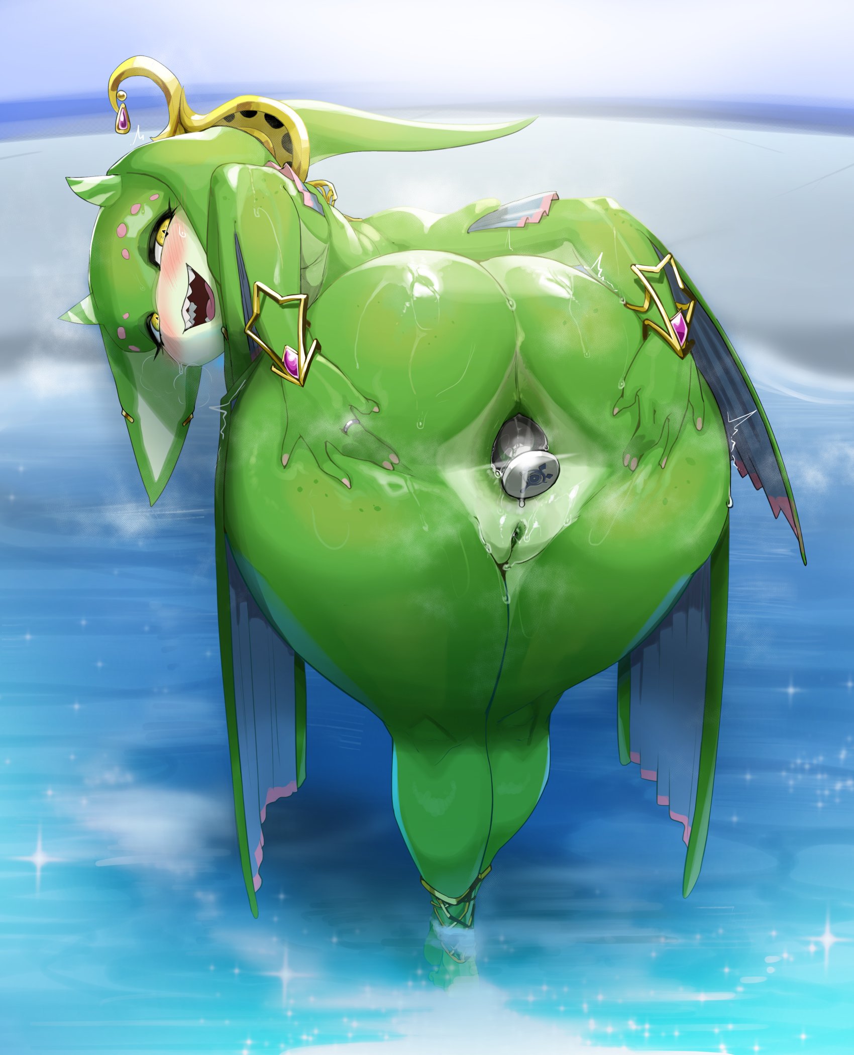 anal plug, anthro, anus, ass, bent over, big anus, big ass, big butt, blush, buttplug, buttplug in ass, female, fish, genitals, glistening, green anus, green body, green pussy, hi res, huge ass, humanoid, jewelry, looking at viewer, looking back, marine, mdthetest, nintendo, painted nails, plug (sex toy), presenting, presenting anus, presenting hindquarters, pussy, rear view, royalty, sex toy, sharp teeth, smile, solo, spread anus, spread ass, spread butt, spreading, tears of the kingdom, teeth, the legend of zelda, water, yona (zelda), zora