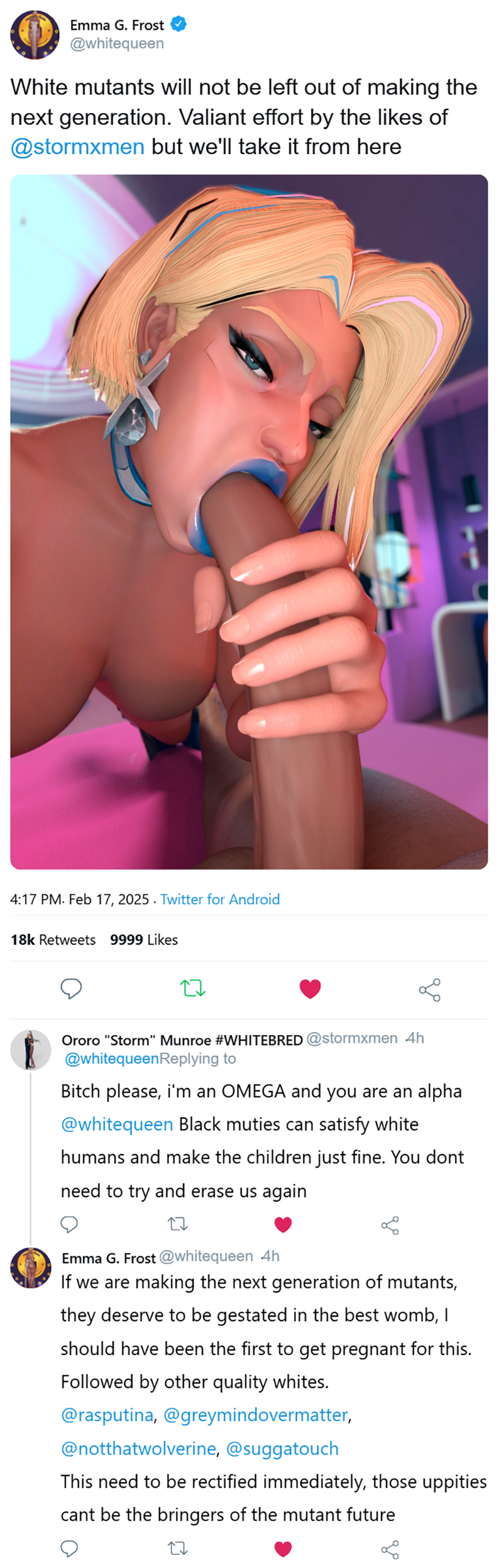 3d, blowjob, breeding, conversation, emma frost, emma frost (marvel rivals), female, male, marvel, marvel comics, marvel rivals, message feed, mutant (marvel), online superheroes, ororo munroe, penis, selfie, selfie with penis, shodanarshie, social media, storm (marvel rivals), storm (x-men), twitter, x-men