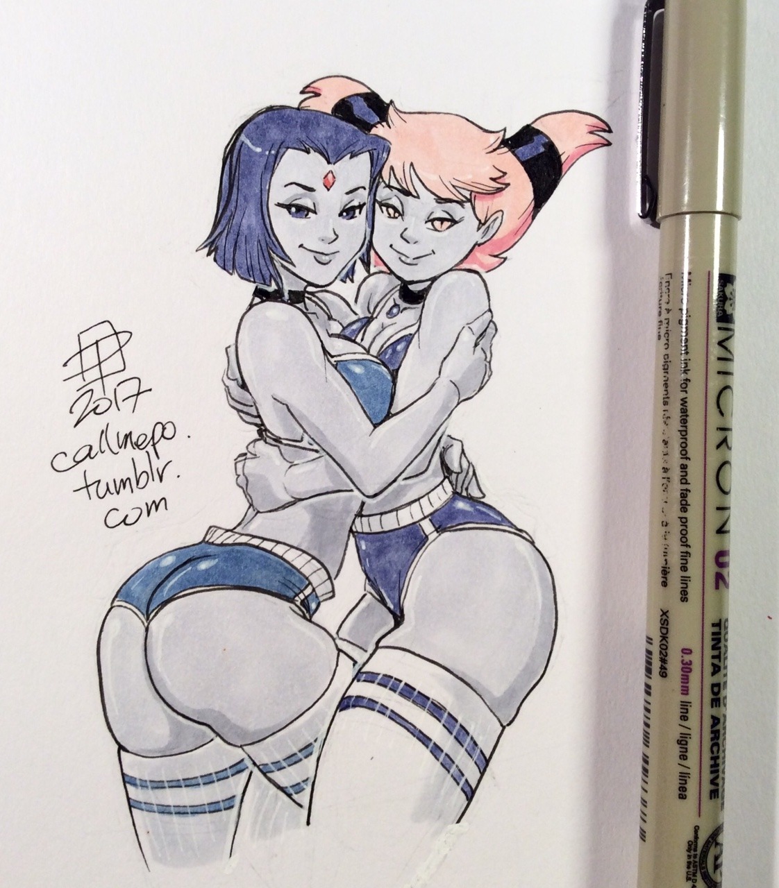 2girls, booty shorts, callmepo, dc, dc comics, female, female only, jinx (dc), multiple females, multiple girls, photo (medium), pink hair, purple hair, raven (dc), signature, teen titans, text, yuri