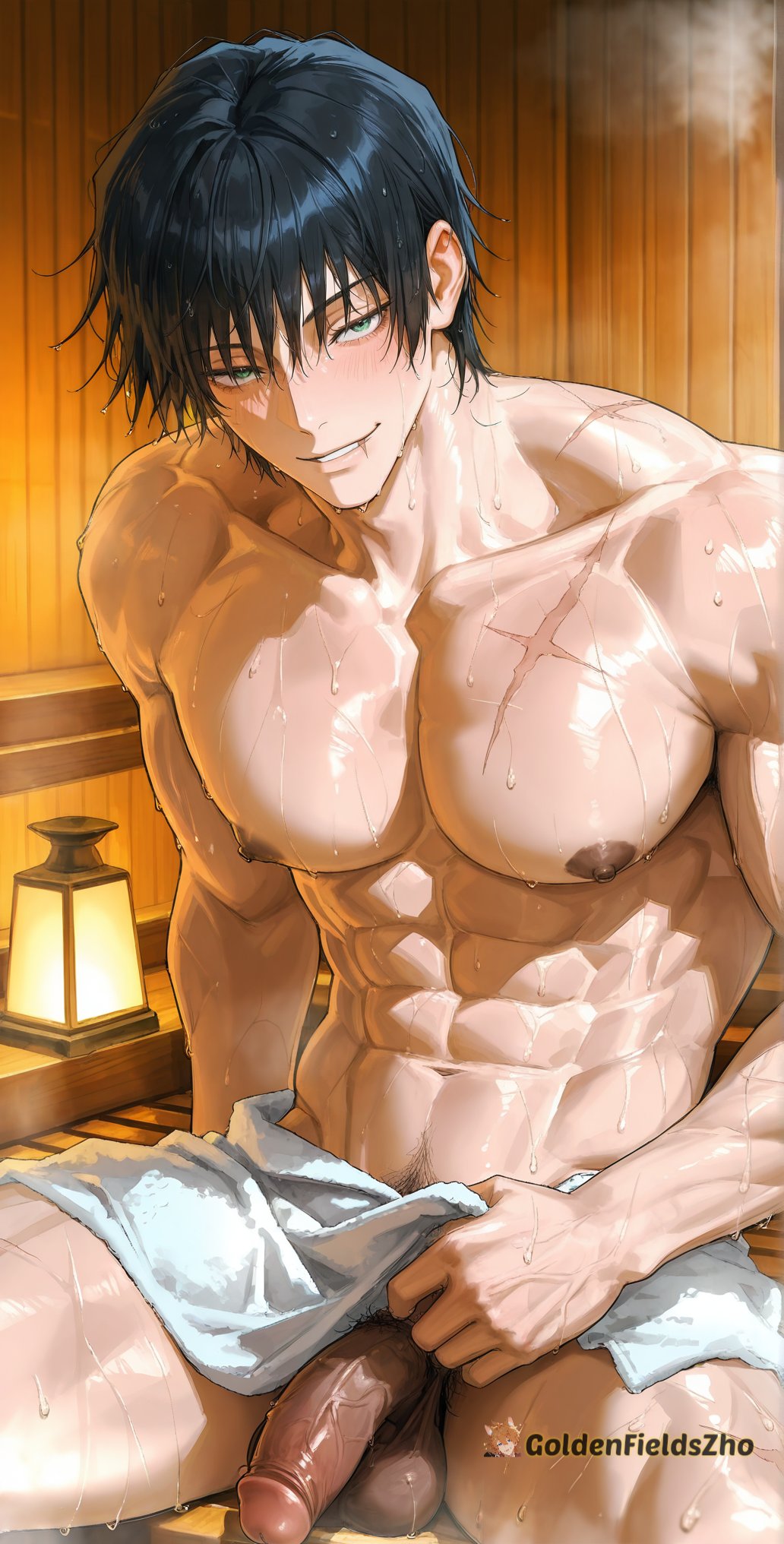 1boy, ai generated, big penis, gay, goldenfieldszho, huge cock, jujutsu kaisen, male, male focus, male only, muscular, muscular male, penis, pubic hair, toji fushiguro, yaoi