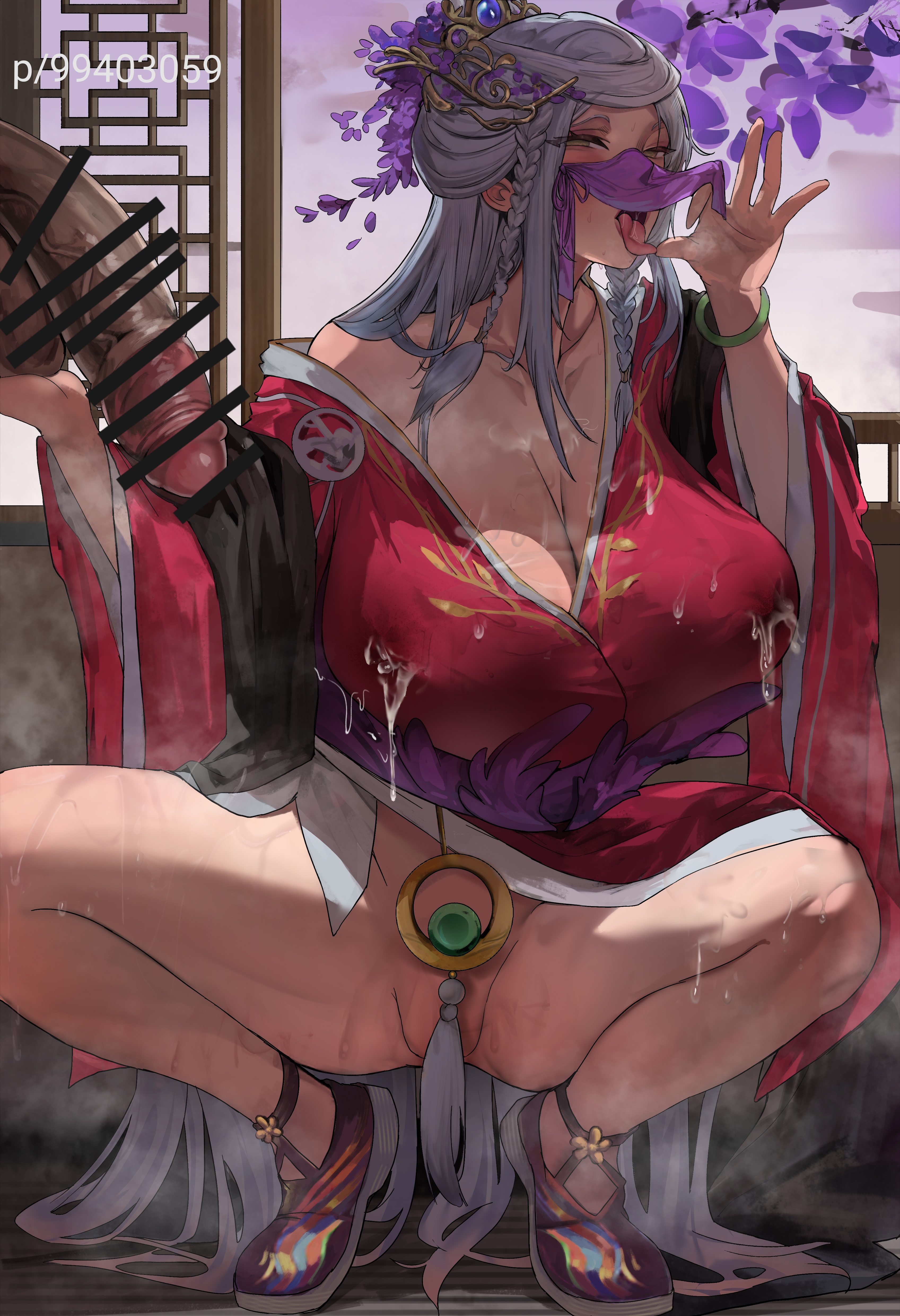 1other, ambiguous gender, artist request, censored, chinese clothes, cleavage, dark skin, dark-skinned male, fellatio gesture, female, huang yueying, huge cock, human, legends of the three kingdoms, male, no panties, penis, q (pixiv 99403059), real person, romance of the three kingdoms, veil