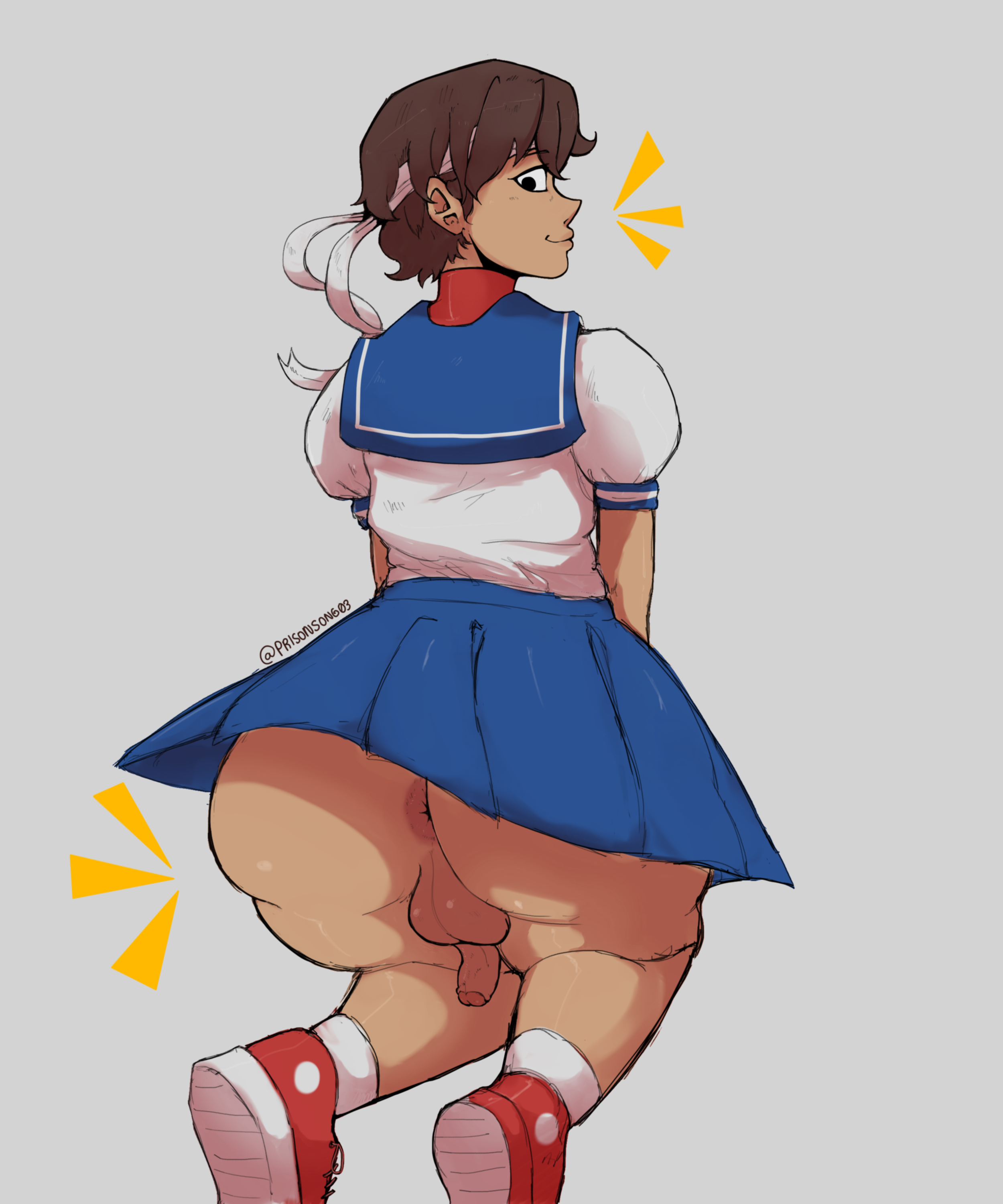1dickgirl, alternate version available, anus, anus peek, ass, ass focus, balls, big ass, bottomless, bottomless skirt, brown hair, capcom, clothed, clothing, dickgirl, female, from behind, futa only, futa sans pussy, futanari, headband, huge ass, intersex, mostly clothed, penis, prisonsong03, sakura kasugano, school uniform, schoolgirl, short hair, skirt, small penis, smile, solo, street fighter, thick, thick ass, tomboy