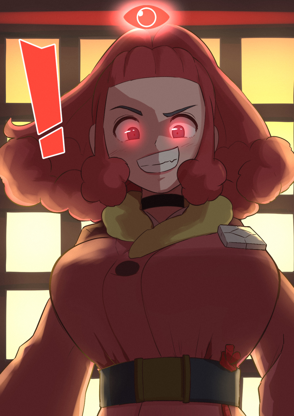 ! 1girls alpha_pokegirl alpha_pokemon alternate_breast_size black_choker black_sash blunt_bangs blush breasts buttons choker commentary_request female glowing glowing_eyes grin highres jacket kurachi_mizuki looking_at_viewer looking_down medium_hair nintendo pokemon pokemon_legends:_arceus red_eyes red_hair red_jacket sash smile solo teeth zisu_(pokemon)
