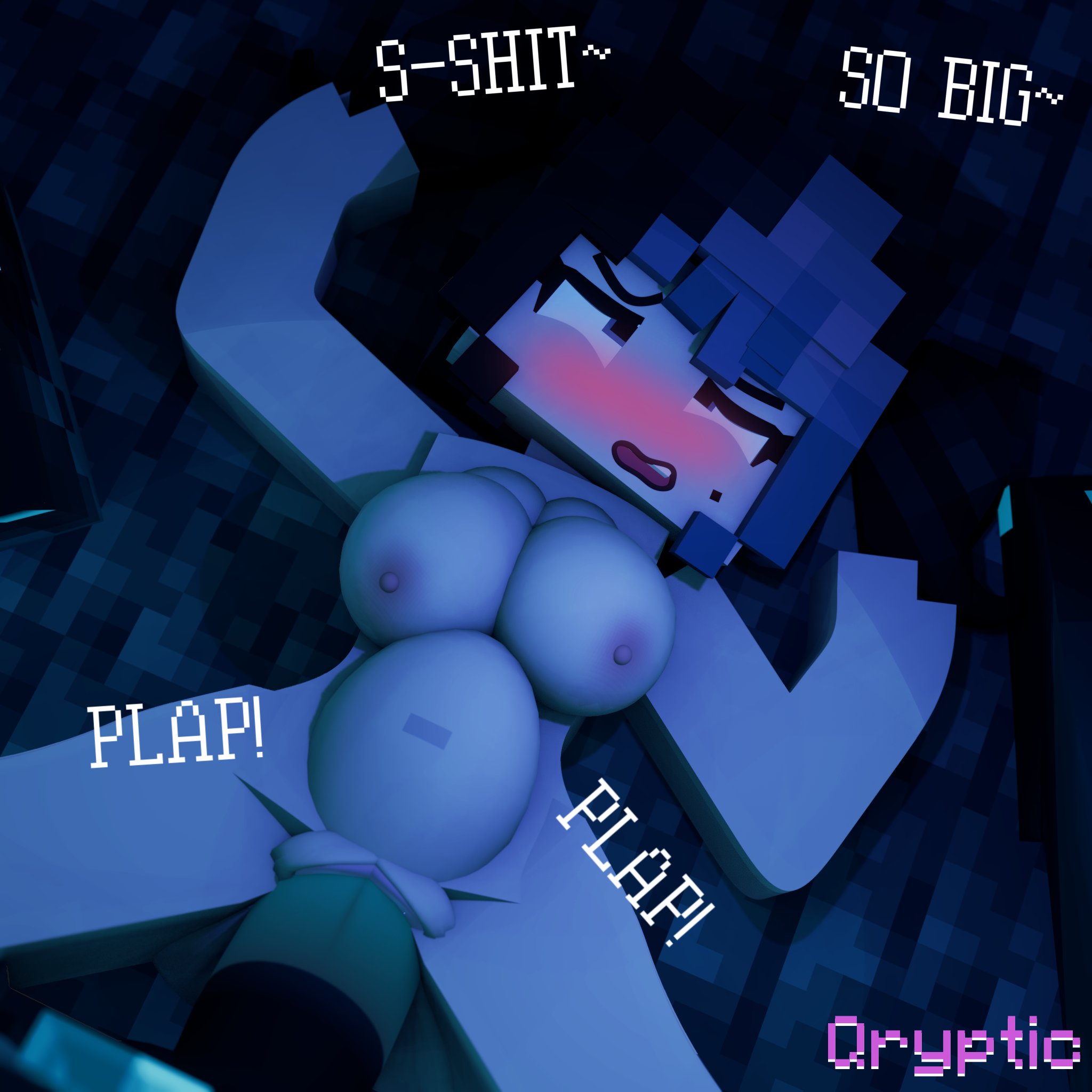 1boy, 1girls, 3d, black hair, blue penis, blush, breasts, charlie (qrypticl), cowgirl position, earrings, eyeshadow, female, female moaning, freckles, hair ribbon, horny female, human female, large penis, lying, lying on back, male, mine-imator, minecraft, missionary position, moaning, monster, monster boy, nude, open mouth, outdoors, penis, purple eyestagme, pussy, qrypticl, tagme, thick thighs, twin braids, twintails, vaginal penetration, warden (minecraft)