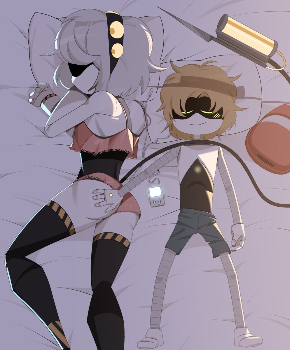 1boy, 1girls, ass, ass focus, disassembly drone, female, glitch productions, hand on ass, hand on butt, larger female, laying on bed, male, monsterdude15, murder drones, robot, robot boy, robot girl, size difference, smaller male, tagme, tail, thad (murder drones), v (murder drones), vhad, white body, worker drone