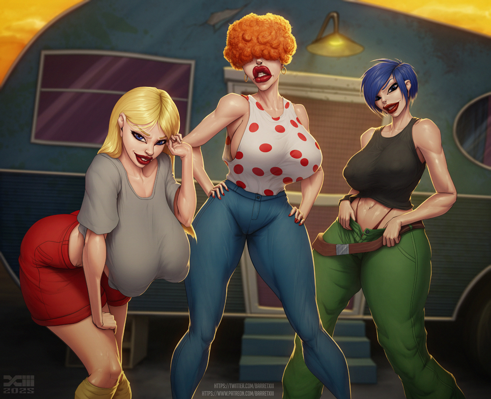 2d, 2d (artwork), 2d artwork, 3girls, aged up, artist logo, artist name, artist signature, ass, barretxiii, big ass, big breasts, big lips, big thighs, blonde, blonde female, blonde hair, blonde-haired female, blue eyes, blue hair, breasts, bust, busty, cartoon network, chest, curly hair, curvaceous, curvy, curvy figure, digital media (artwork), ed edd n eddy, eye-covering bang, female, frizzy hair, fully clothed, hair covering eye, hair covering eyes, hips, hourglass figure, huge ass, huge breasts, kanker sisters, large ass, large breasts, lee kanker, legs, marie kanker, mature, mature female, may kanker, polka dot, red hair, red lipstick, redhead, slim waist, thick, thick hips, thick legs, thick thighs, thighs, trailer (vehicle), trailer park, trailer trash, voluptuous, waist, watermark, wide hips