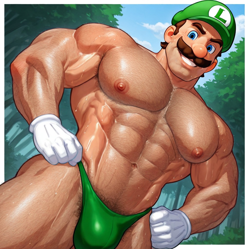 1boy abs ai_generated arm_hair bara biceps blue_eyes body_hair brown_hair bulge chest chest_hair daddy dizdoodz_(style) facial_hair gloves green_hat green_thong grin hairy_male hands_on_hips hat large_muscles light-skinned_male light_skin looking_at_viewer luigi male male_nipples male_only mario_(series) masculine_male mature mature_male moustache muscles muscular muscular_male navel nintendo nipples outdoors pecs pubic_hair smiling solo solo_focus solo_male sweat sweating thong trees upper_body white_gloves