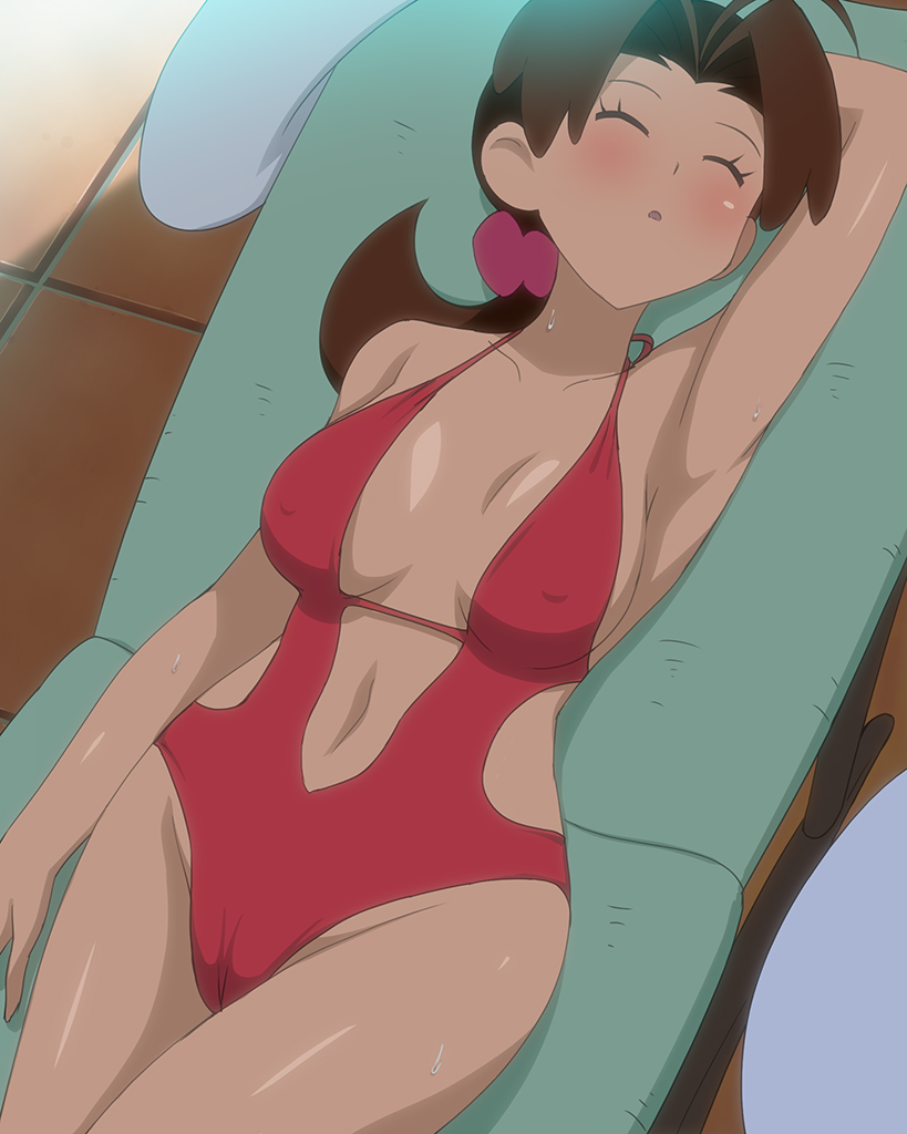 ahoge arm_up armpits bare_arms bare_legs bare_shoulders bare_thighs belly_button big_breasts blush breasts breasts_apart brown_hair cameltoe chair closed_eyes clothing_cutout collarbone delia_ketchum_(pokemon) groin hair_ornament hair_scrunchie halterneck hip_focus low_ponytail lying makino_tomoyasu mature_female milf nipples_visible_through_clothing one-piece_swimsuit outdoors parted_lips pokemon red_one-piece_swimsuit shiny_skin side_cutout sideboob sleeping swimsuit thighs