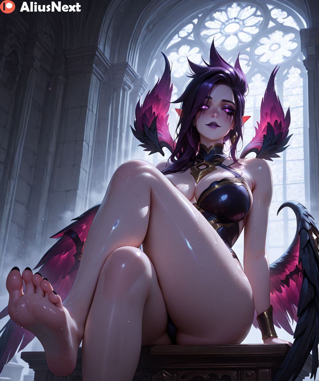1girls, ai generated, aliusnext, angel, angel wings, ass, big ass, big breasts, black nails, breasts, crossed legs, fallen angel, feet, female, female only, femdom, foot fetish, from below, goth, goth girl, gothic girl, hi res, high quality, high resolution, highres, huge ass, huge breasts, league of legends, league of legends: wild rift, light skin, light-skinned female, lingerie, lipstick, massive ass, massive breasts, mature, mature female, morgana, nail polish, pale skin, pale-skinned female, patreon, soles, sweat, sweatdrop, sweating, sweaty, sweaty body, sweaty breasts, thick, thick ass, thick hips, thick legs, thick lips, thick thighs, toes