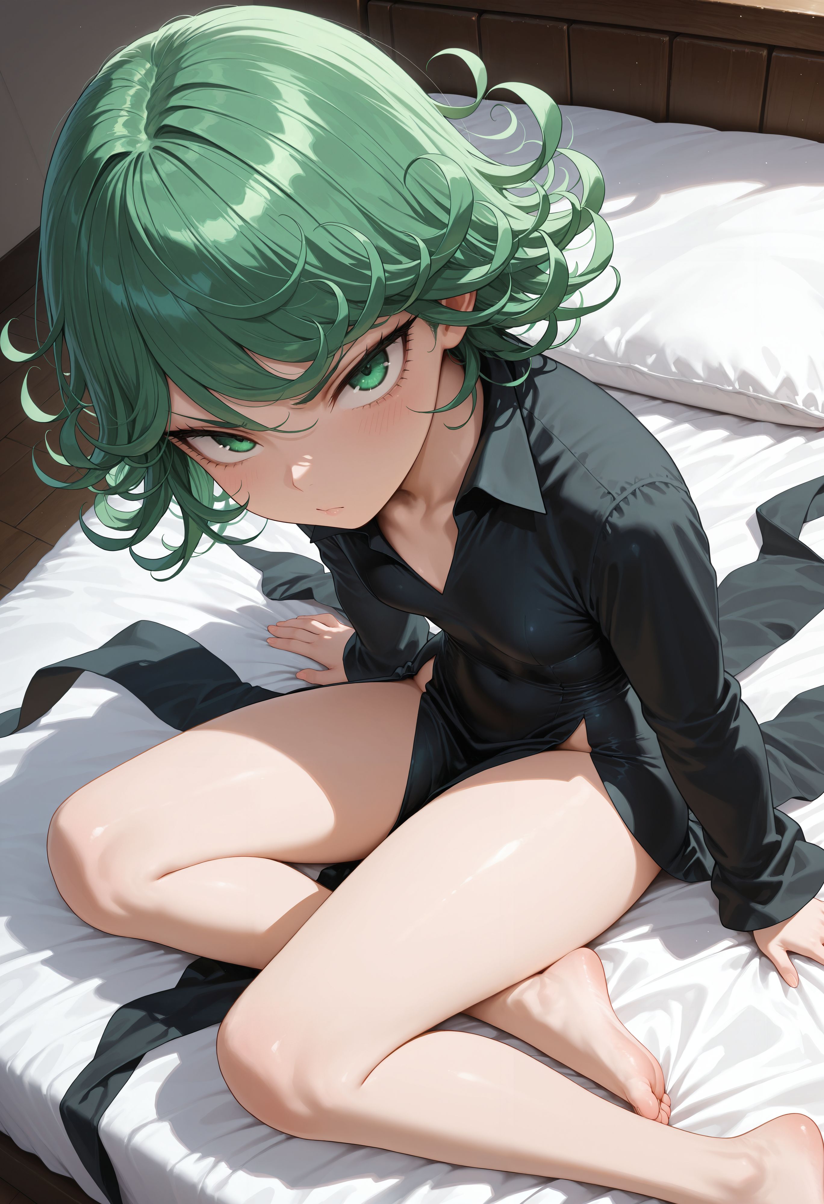 1girls, absurdres, ai generated, aiya ayai, annoyed, barefoot, bed, black dress, breasts, close-up, curly hair, feet, female, flat chest, green eyes, green hair, hi res, highres, looking at viewer, looking up, on bed, one-punch man, petite, pillow, sitting, slim female, slim waist, small breasts, solo, tatsumaki, yokozuwari