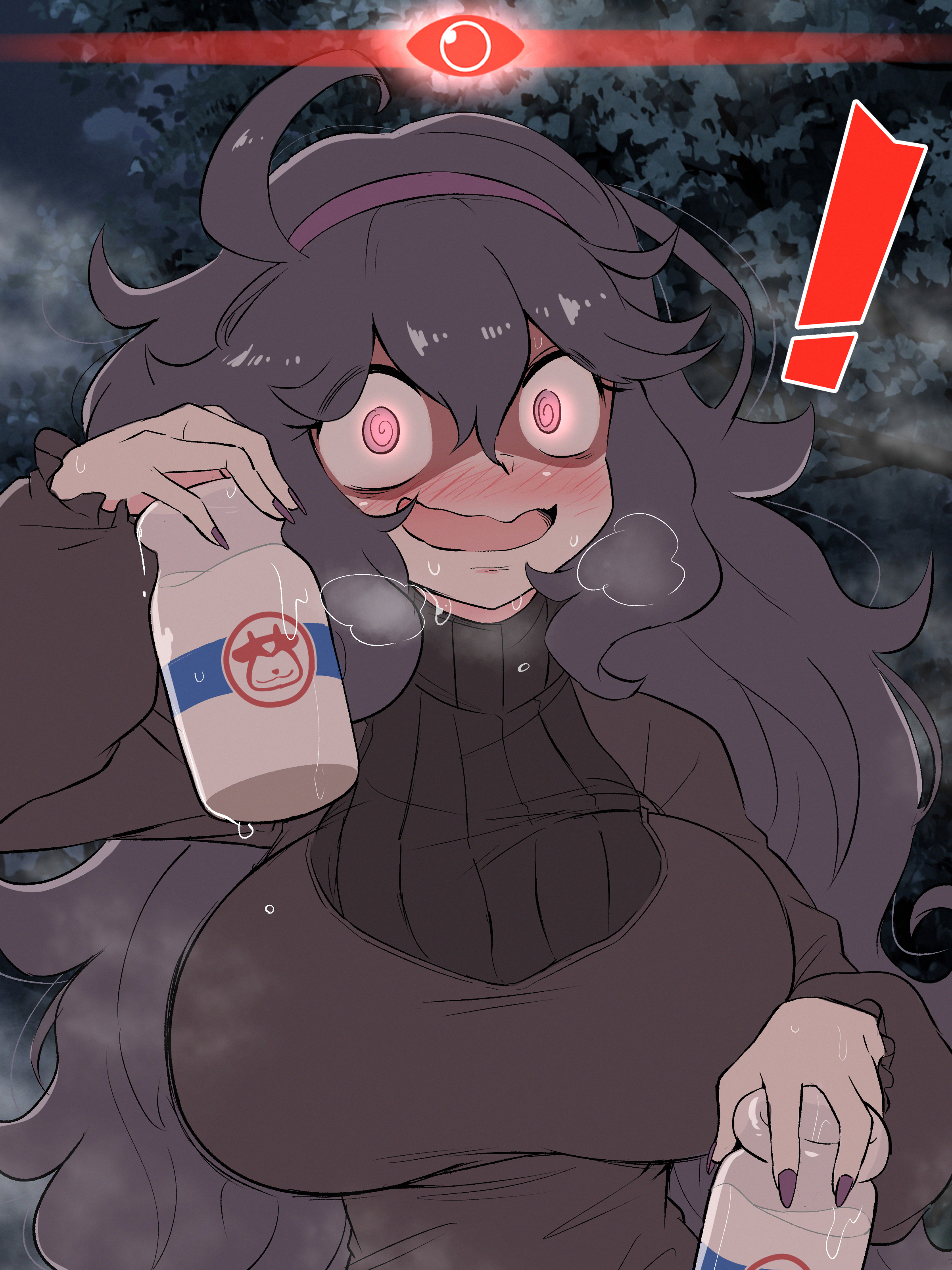 !, @ @, 1girls, absurdres, ahoge, alpha pokegirl, alpha pokemon, alternate breast size, blush, bottle, breasts, crazy smile, dress, fake screenshot, female, female focus, game freak, gameplay mechanics, glowing, glowing eyes, hex maniac, hex maniac (pokemon xy), highres, implied lactation, kurachi mizuki, large breasts, long hair, looking at viewer, messy hair, milk, milk bottle, moomoo milk, nail polish, naughty face, nintendo, pokemon, pokemon legends: arceus, pokemon xy, purple hair, smile, solo, sweat, turtleneck, turtleneck dress, upper body