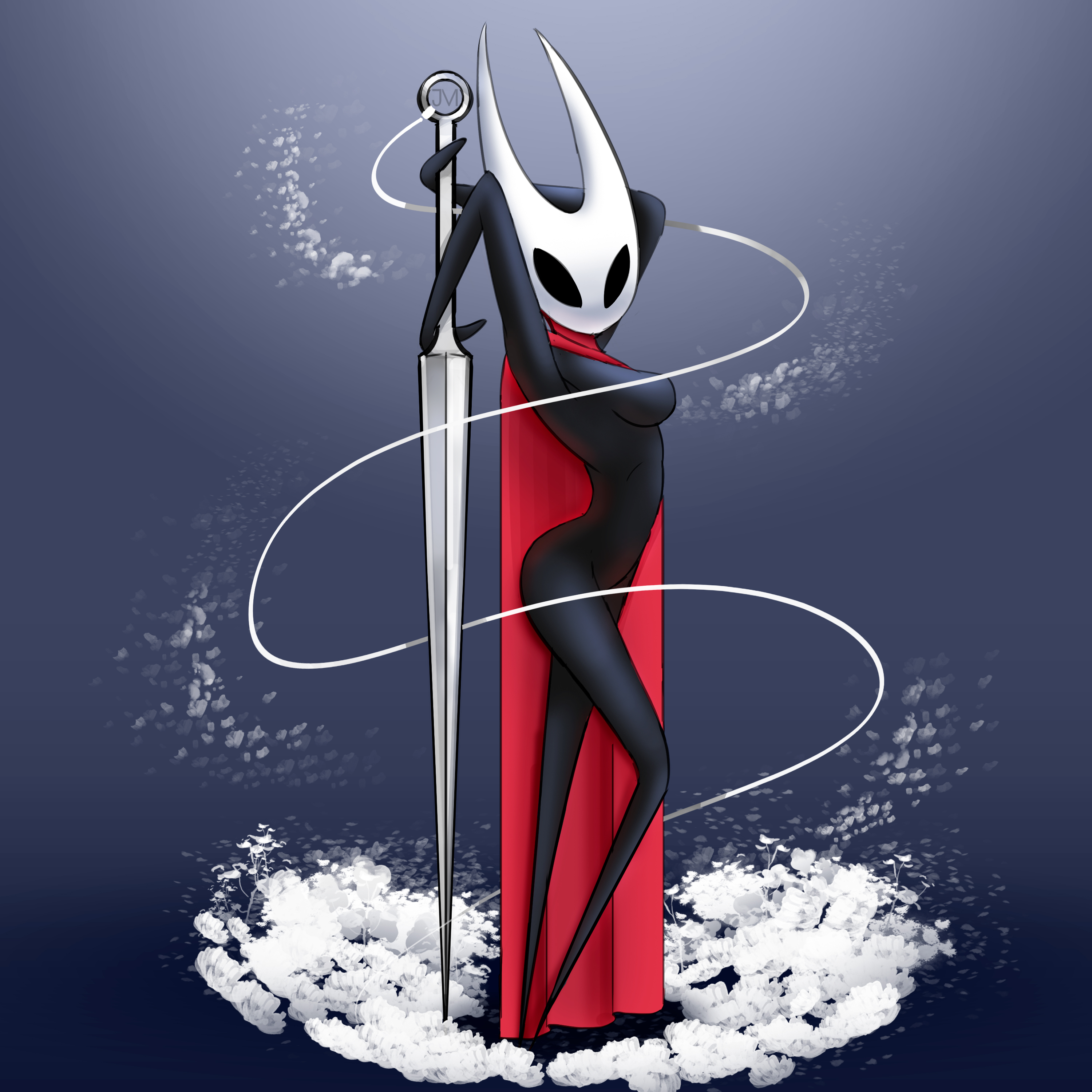 1girls, background, black body, black skin, bug, bug girl, cloak, female, female only, hollow knight, hornet (hollow knight), horns, jasonmrcurdy, naked, naked female, silksong, solo, tagme, team cherry, weapon