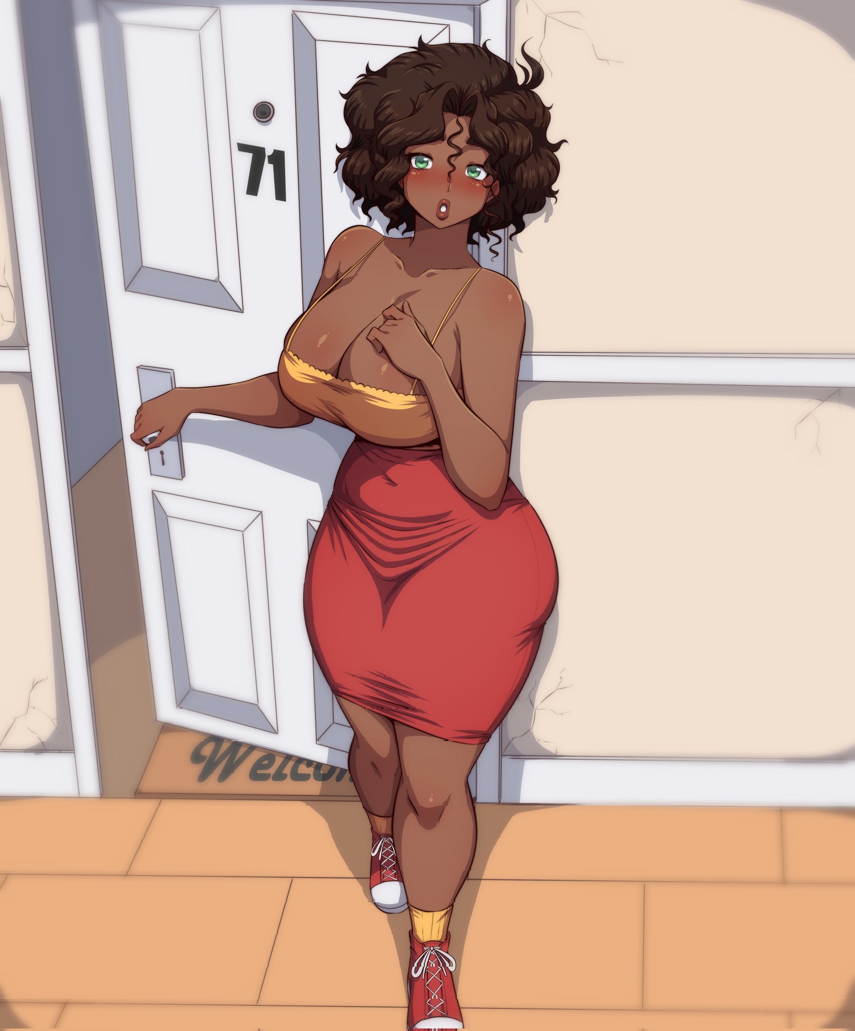 1girls, big breasts, blushing, blushing at viewer, breasts, brown hair, cleavage, curly hair, dark skin, dark-skinned female, female, female only, freckles, full body, green eyes, hand on breast, looking at viewer, original, original character, simmsy, skirt, solo, solo female, thick, thick lips, thick thighs