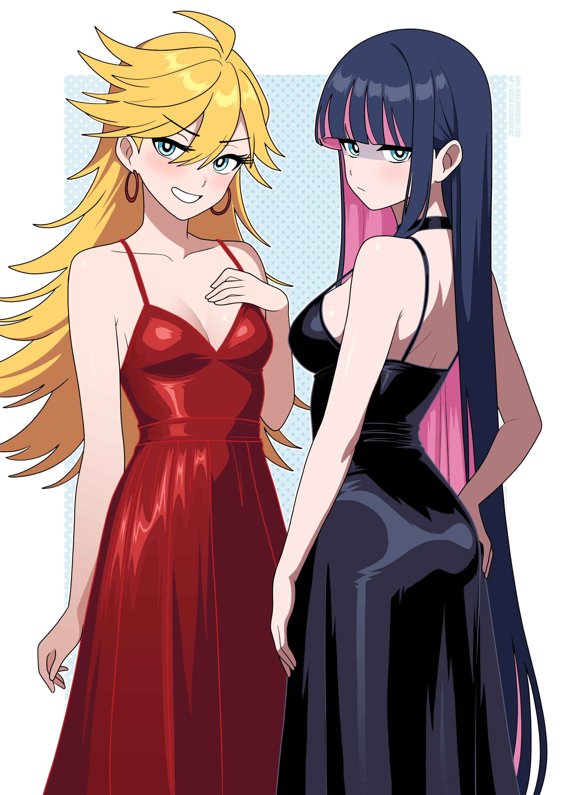 2girls, absurdres, ass, black choker, black dress, blonde hair, blue eyes, border, breasts, choker, colored inner hair, commentary, dress, earrings, english commentary, female, female only, hand on own hip, highres, hoop earrings, jewelry, long hair, looking at viewer, multicolored hair, multiple females, multiple girls, nico-neko, nicolasgravelqc, panty & stocking with garterbelt, panty anarchy, red dress, siblings, sisters, smile, stocking anarchy, two-tone hair, white border