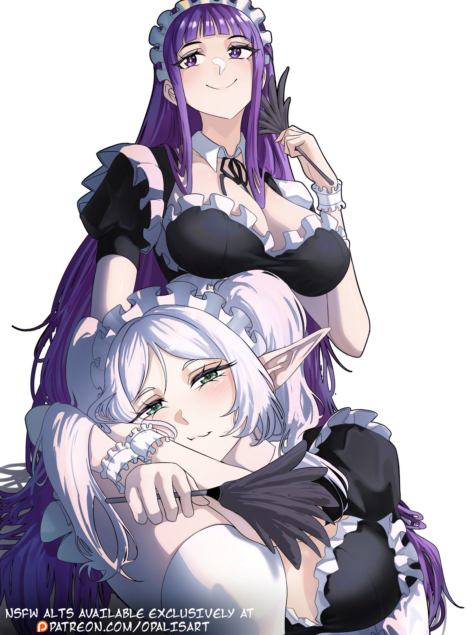 2girls, bare arms, bare shoulders, big breasts, breasts, clothed, clothing, color, elf ears, elf female, female, female focus, female only, fern (sousou no frieren), frieren, frieren beyond journey's end, hi res, large breasts, light skin, light-skinned female, long hair, looking at viewer, maid, maid outfit, maid uniform, opalisart, purple hair, solo female, sousou no frieren, tagme, thick thighs, uniform, white hair