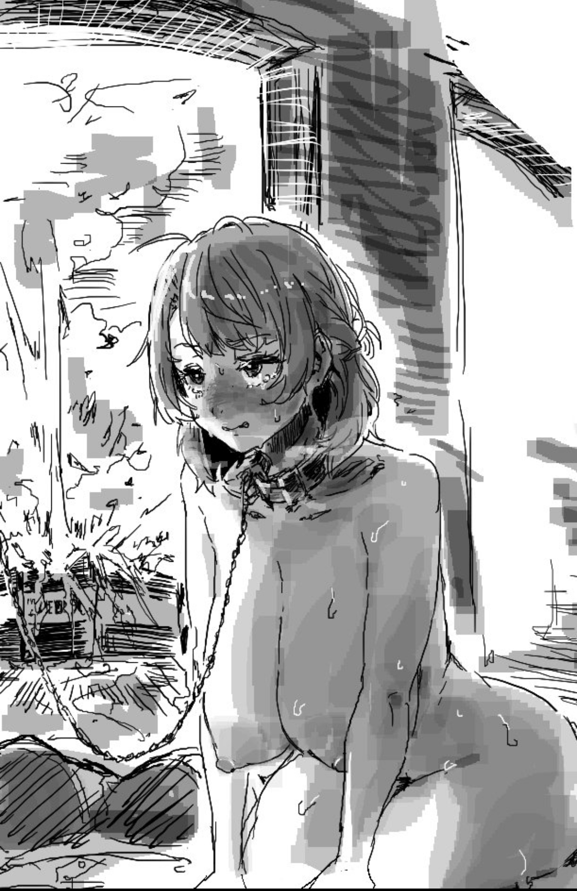 1girls, about to be raped, about to be violated, areola, ass out, ass out of frame, ass outline, big areola, big breasts, big nipples, big thighs, blue lock, bra, bra on ground, breasts bigger than head, breasts bigger than torso, breasts out, building destruction, chain leash, chained, chained collar, chains, collared, colorless, completely naked, completely naked female, completely nude, completely nude female, crying, crying female, degradation, degraded, degraded female, dog collar, embarrassed, embarrassed female, embarrassed nude female, enormous breasts, exploding building, female, female degraded, female humiliation, female only, femsub, greyscale, hair braid, hanging breasts, huge breasts, humiliated, humiliating herself, humiliation, implied male pov, implied rape, implied rape victim, implied to have been raped before this too, inferior, juicy thighs, kneeling, kneeling female, leashed, leashed collar, leashed female, male pov, maledom, maledom/femsub, maru0 bb, massive breasts, master/pet, master/slave, misogyny, naked, nipples, no bra, no color, no panties, nude, objectification, powerless, prostration, pussy, pussy out, put in place, rape meat, rape slave, rape victim, raped female, regret, rough sketch, sex slave, sexy, sexy body, sexy female, short hair, sketch, slave, slave collar, slave girl, solo female, submissive, submissive female, teieri anri, thighs, unable to escape, unable to move, uncolored, v line, viewer pov, violated, weak female, weak resistance