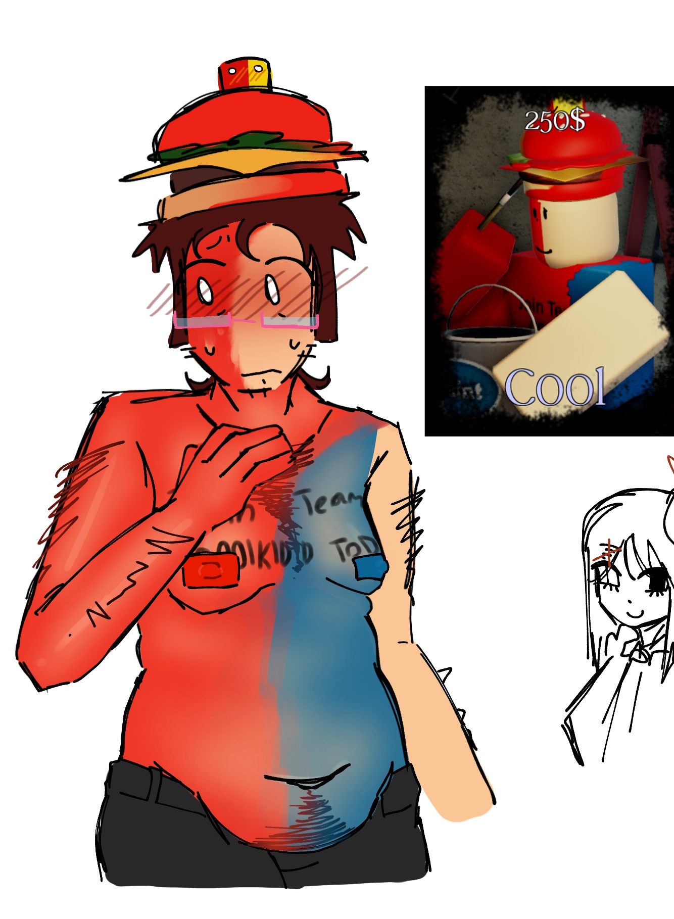 007n7 (forsaken), body paint, bodypaint, burger, covered nipples, forsaken (roblox), male, male only, okal44420, painted clothes, painted face, reference image, roblox, roblox game, robloxian, self upload, skibidi toilet, tagme, topless, transman, transmasc