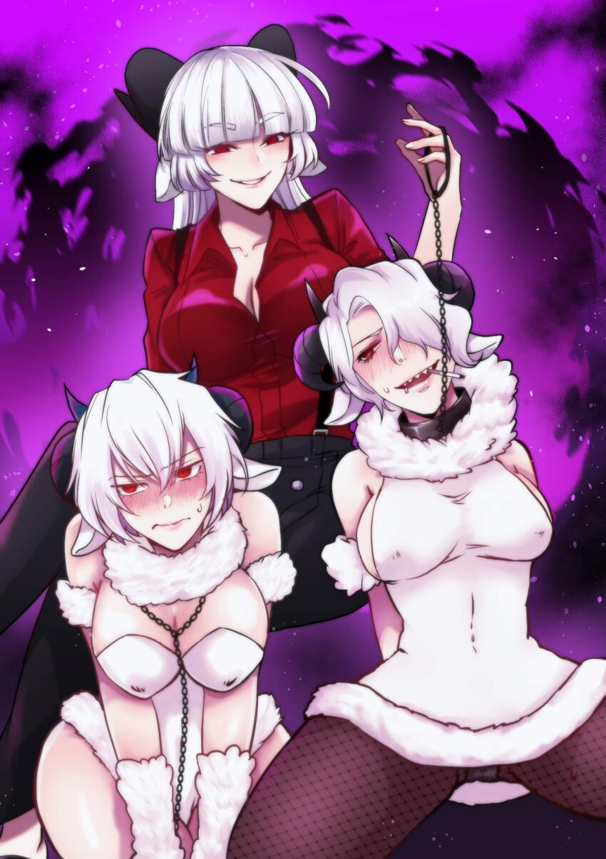 baphomet_(grizz) caprine clothed clothing collar costume dominant embarrassed ewe female female_only fishnet goat goat_demon goat_girl goat_horns helltaker horns malina_(helltaker) ovine sheep sheep_costume sheep_girl sheep_horns smoking white_hair zdrada_(helltaker)