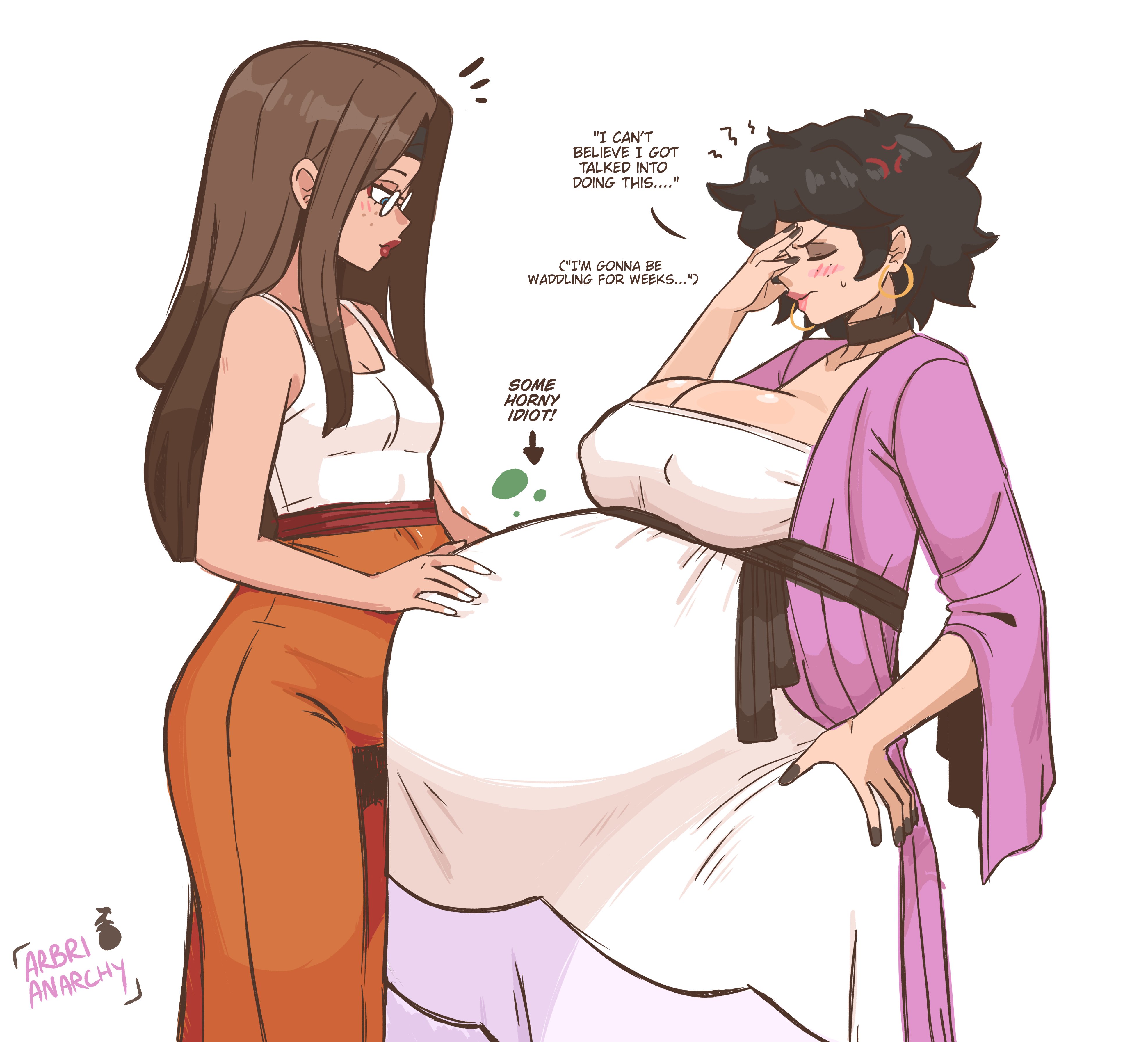 2girls, arbrianarchy, english text, female, hand on belly, meme reference, vore, vore belly