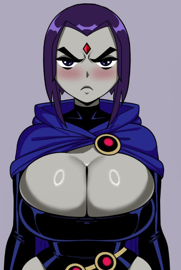 1girls big_breasts blush blushing_at_viewer bob_cut bodysuit breasts cleavage coldarsenal dc dc_comics female gem gem_on_forehead goth_girl grey_skin huge_breasts looking_at_viewer penis raven_(dc) short_hair solo solo_female teen_titans thick