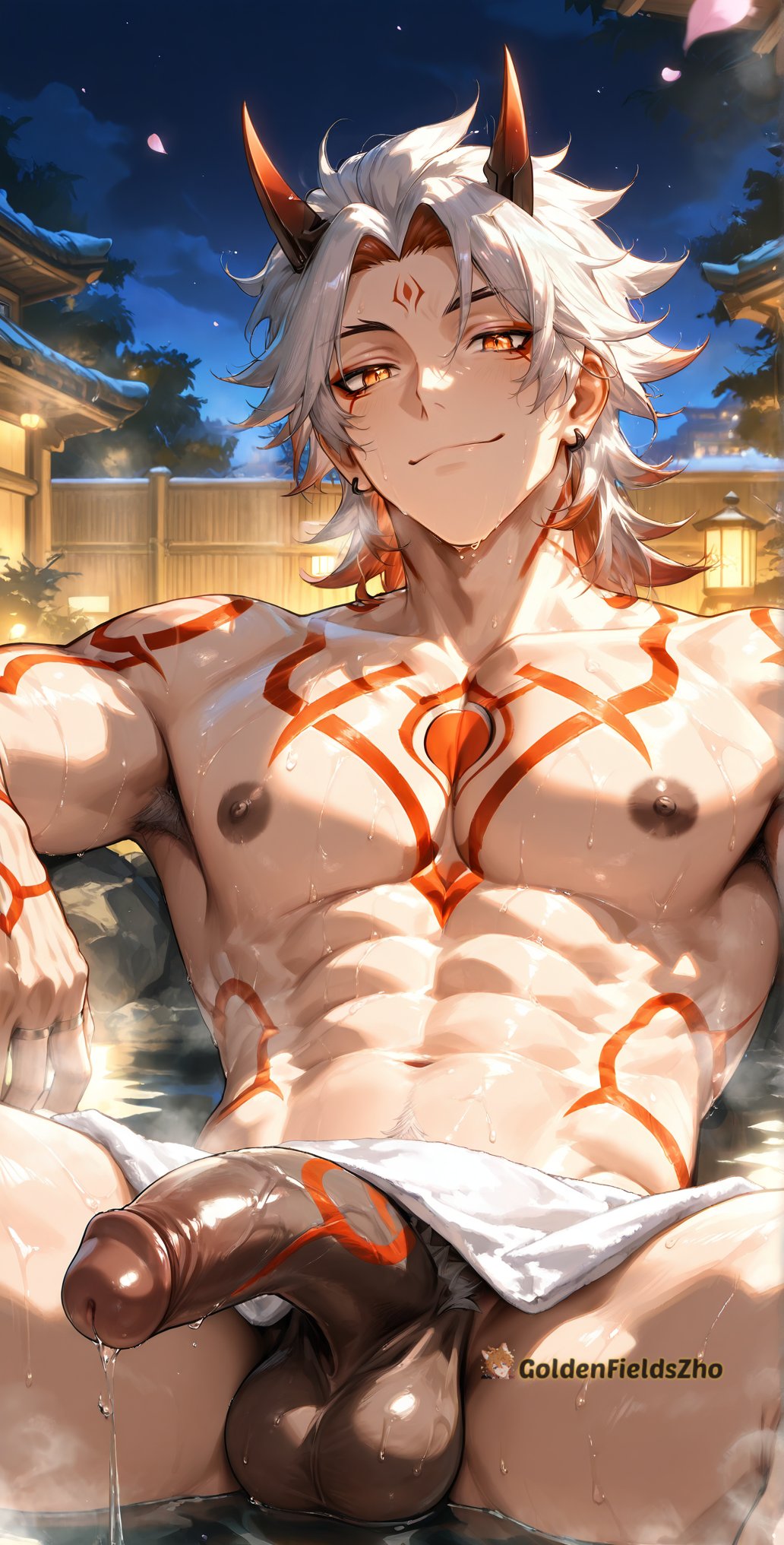 1boy, ai generated, arataki itto, big penis, gay, genshin impact, goldenfieldszho, huge cock, male, male focus, male only, muscular, muscular male, penis, pubic hair, yaoi