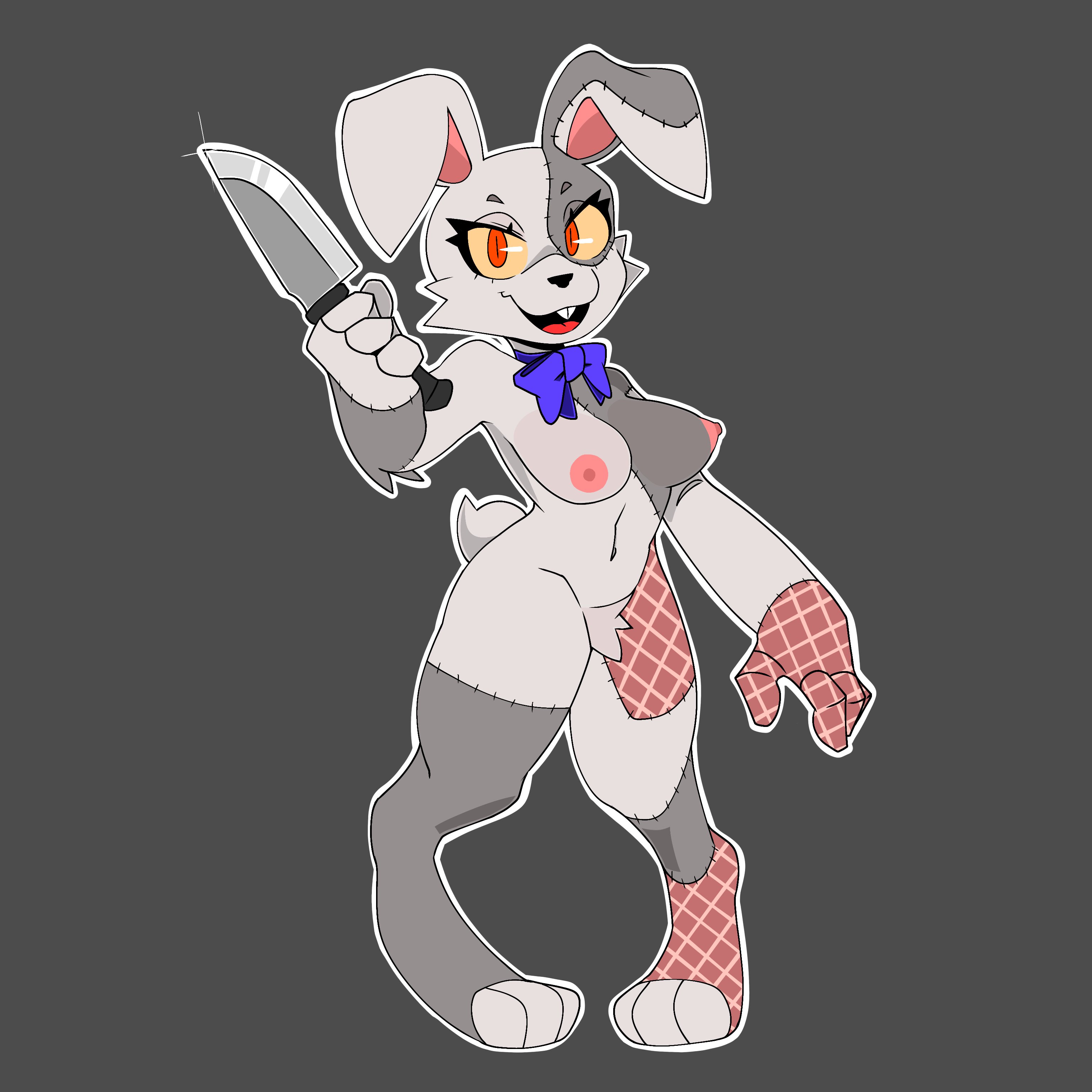 blue bowtie, breasts, bunny, female, five nights at freddy's, five nights at freddy's: security breach, fnaf, fursuit, hairy pussy, knife, large breasts, pussy, ryuuuk1, solo, vanny (fnaf)